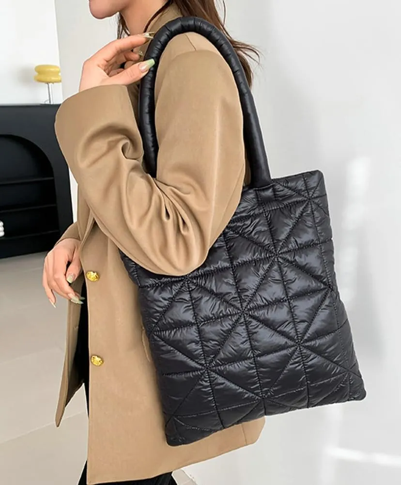 Quilted Tote Bags for Women Lightweight Padding Down Cotton Shoulder Bag Padded Large Handbag Top Handle Purse