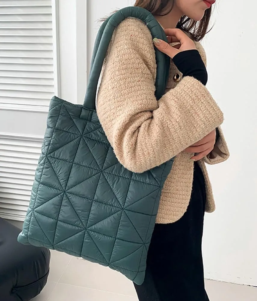 Quilted Tote Bags for Women Lightweight Padding Down Cotton Shoulder Bag Padded Large Handbag Top Handle Purse