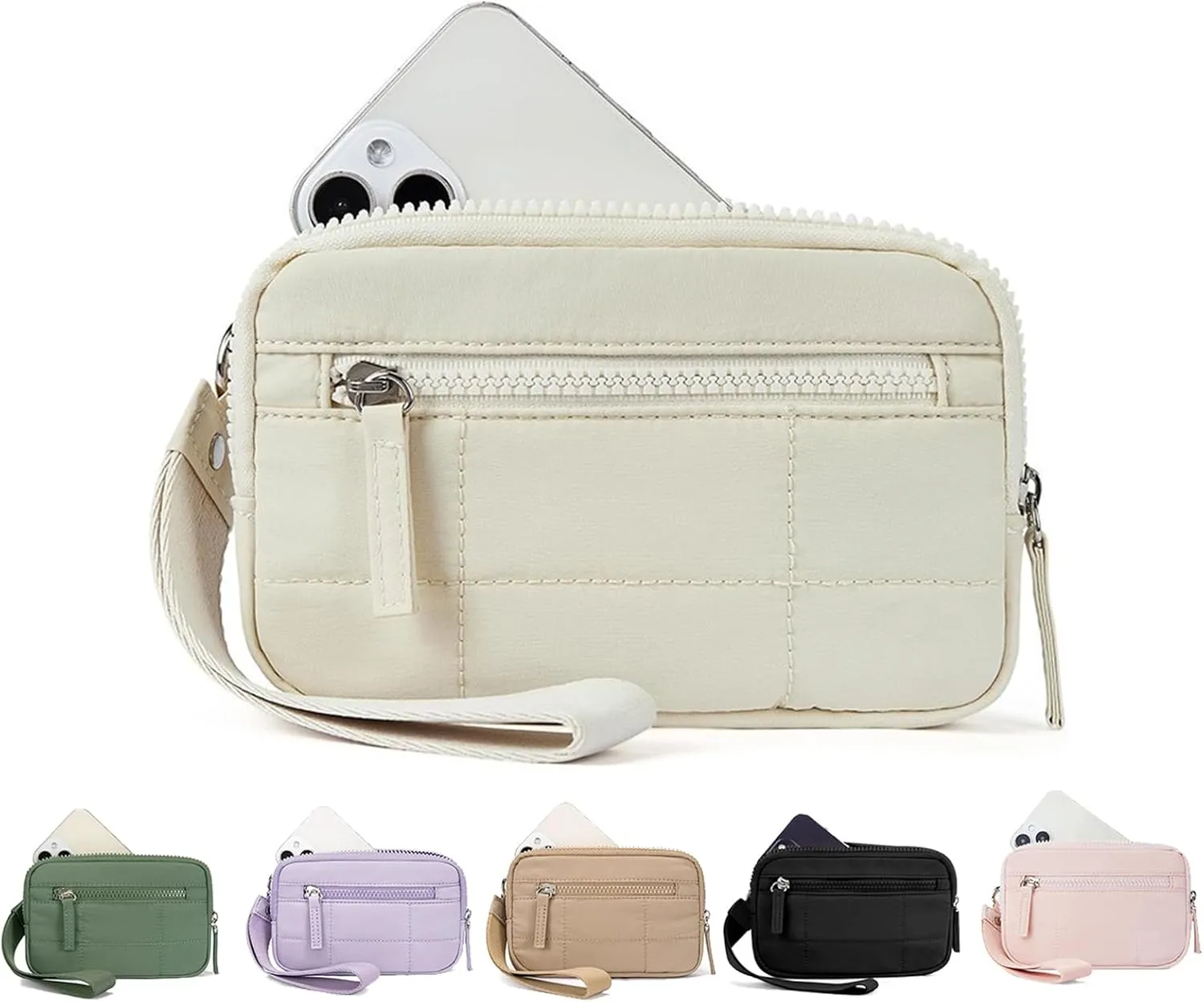 Quilted Wristlet Wallets for Women, Nylon Keychain Wallet Women Wristlet, With Three Zippers and Transparent ID Window