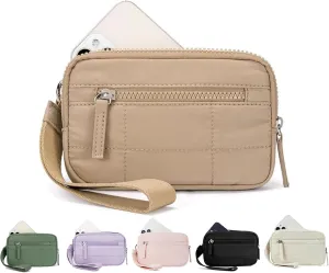 Quilted Wristlet Wallets for Women, Nylon Keychain Wallet Women Wristlet, With Three Zippers and Transparent ID Window