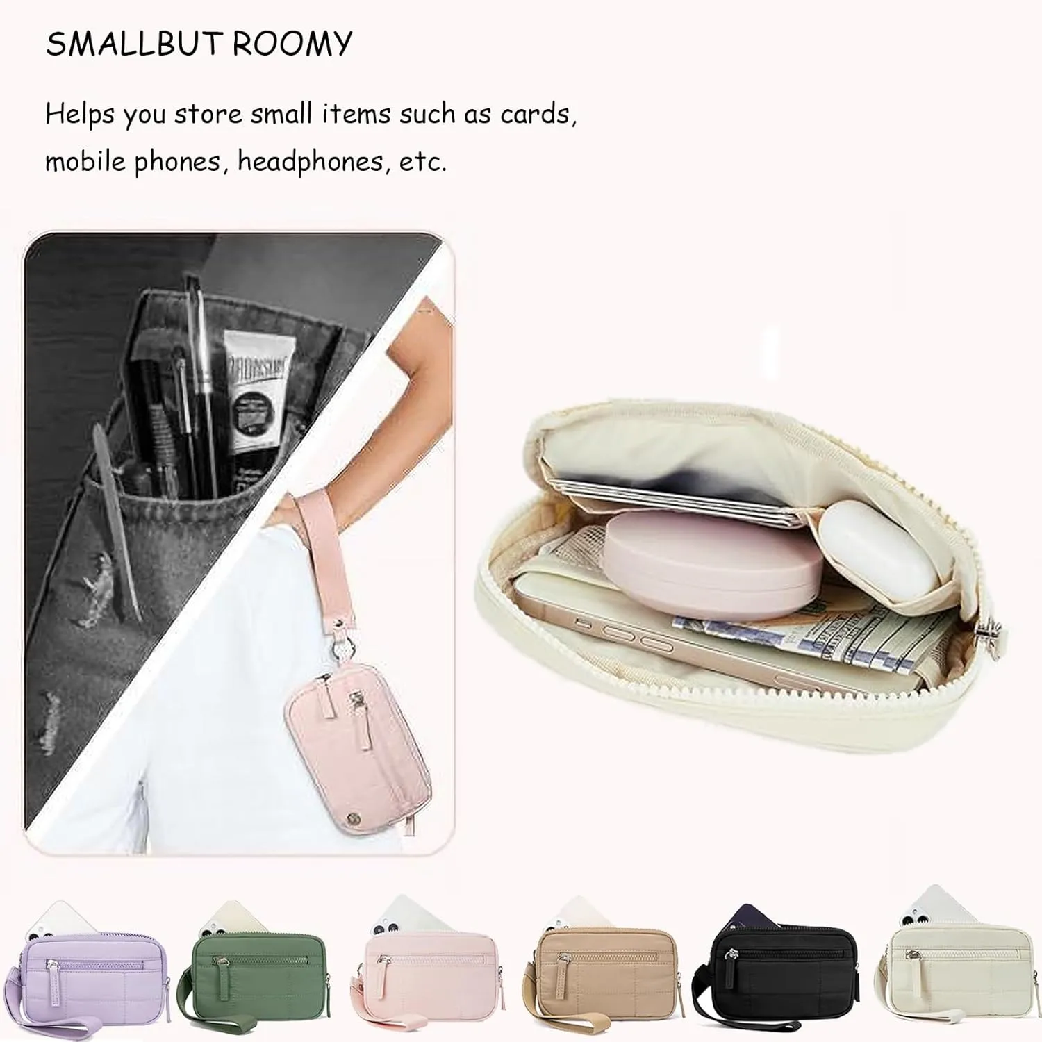 Quilted Wristlet Wallets for Women, Nylon Keychain Wallet Women Wristlet, With Three Zippers and Transparent ID Window
