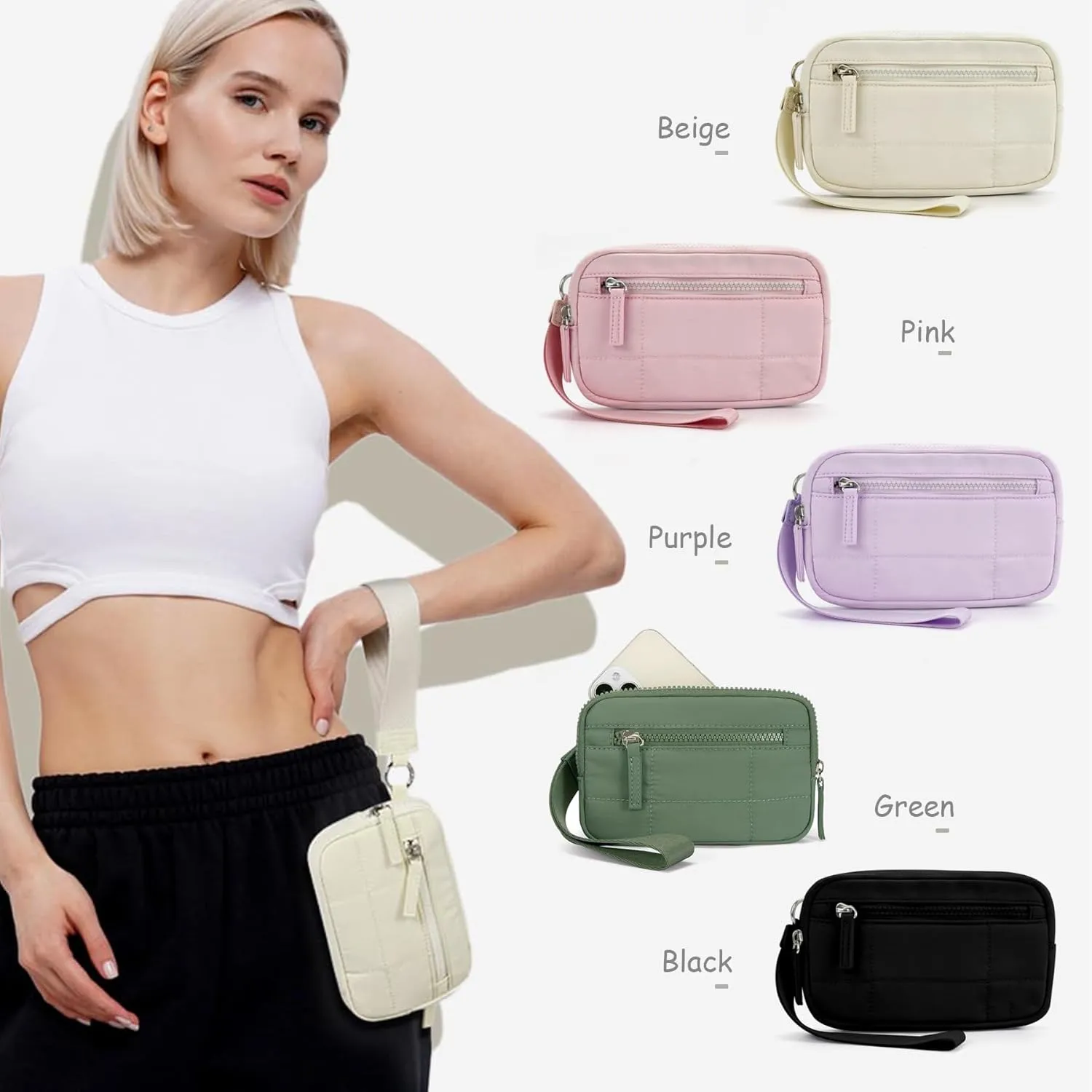 Quilted Wristlet Wallets for Women, Nylon Keychain Wallet Women Wristlet, With Three Zippers and Transparent ID Window