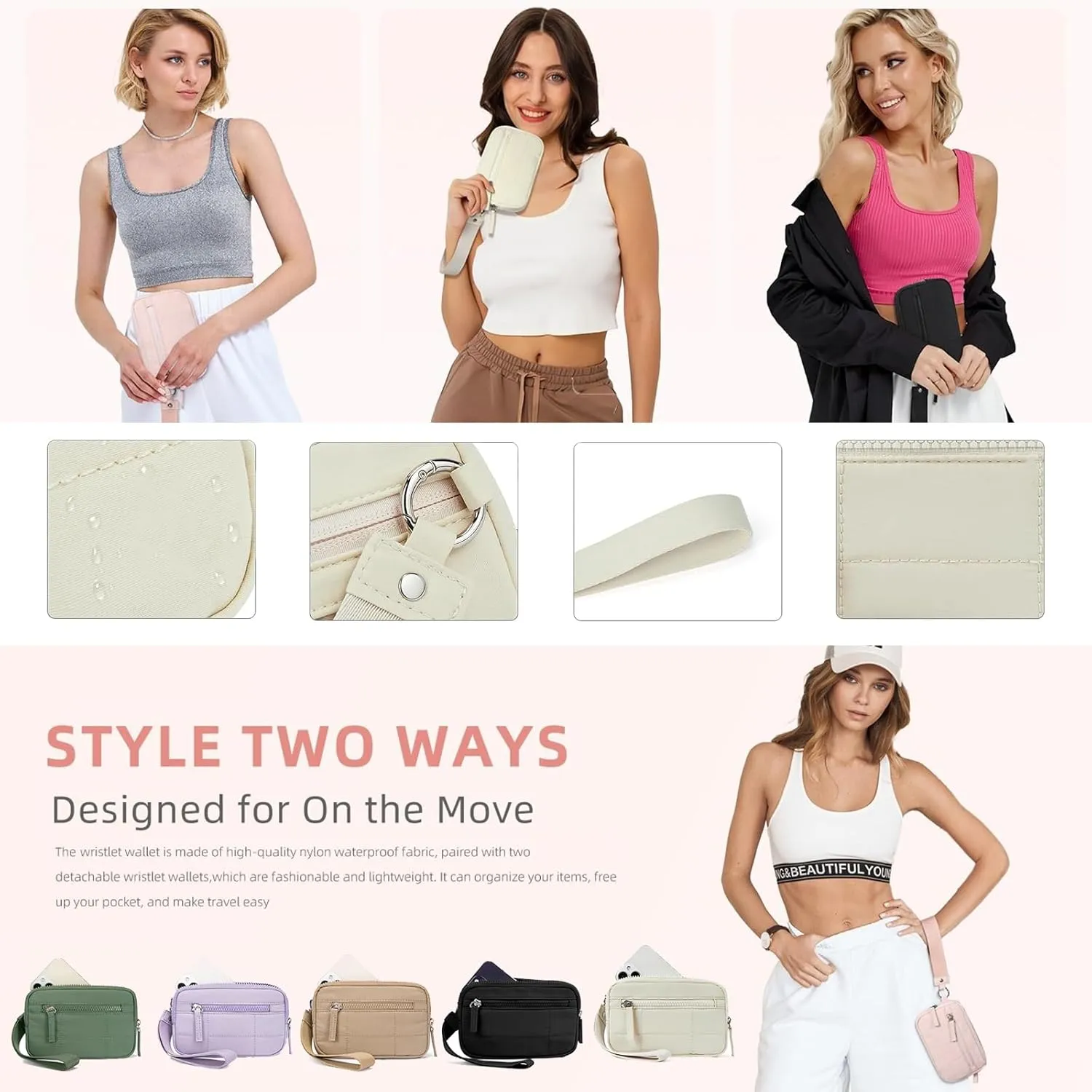 Quilted Wristlet Wallets for Women, Nylon Keychain Wallet Women Wristlet, With Three Zippers and Transparent ID Window