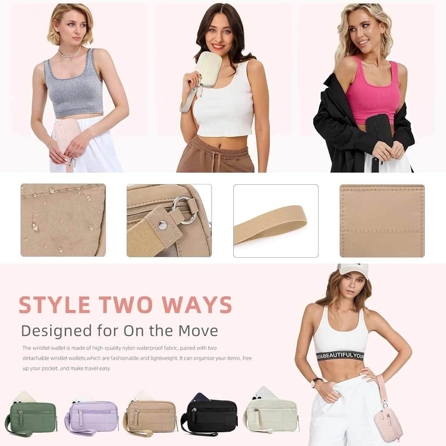 Quilted Wristlet Wallets for Women, Nylon Keychain Wallet Women Wristlet, With Three Zippers and Transparent ID Window