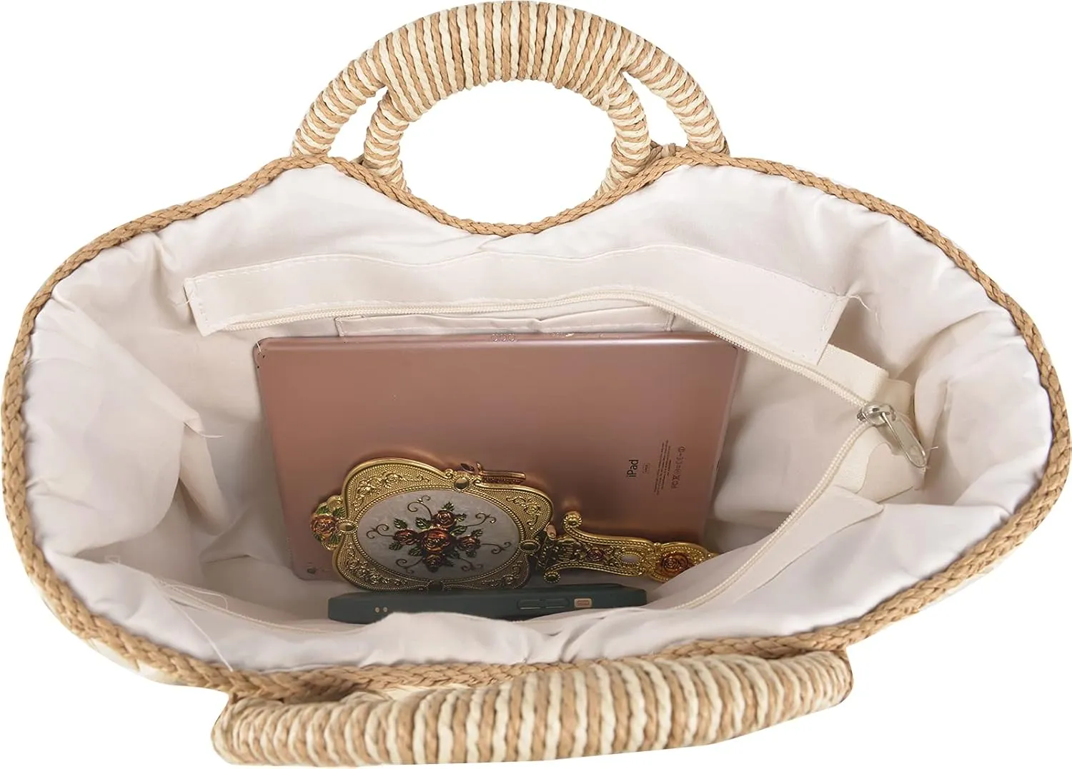 QZUnique Hand-woven Straw Bag Women Summer Beach Handbag Purse Retro Rattan Tote Clutch Travel Bag with Wood Round Top Handle