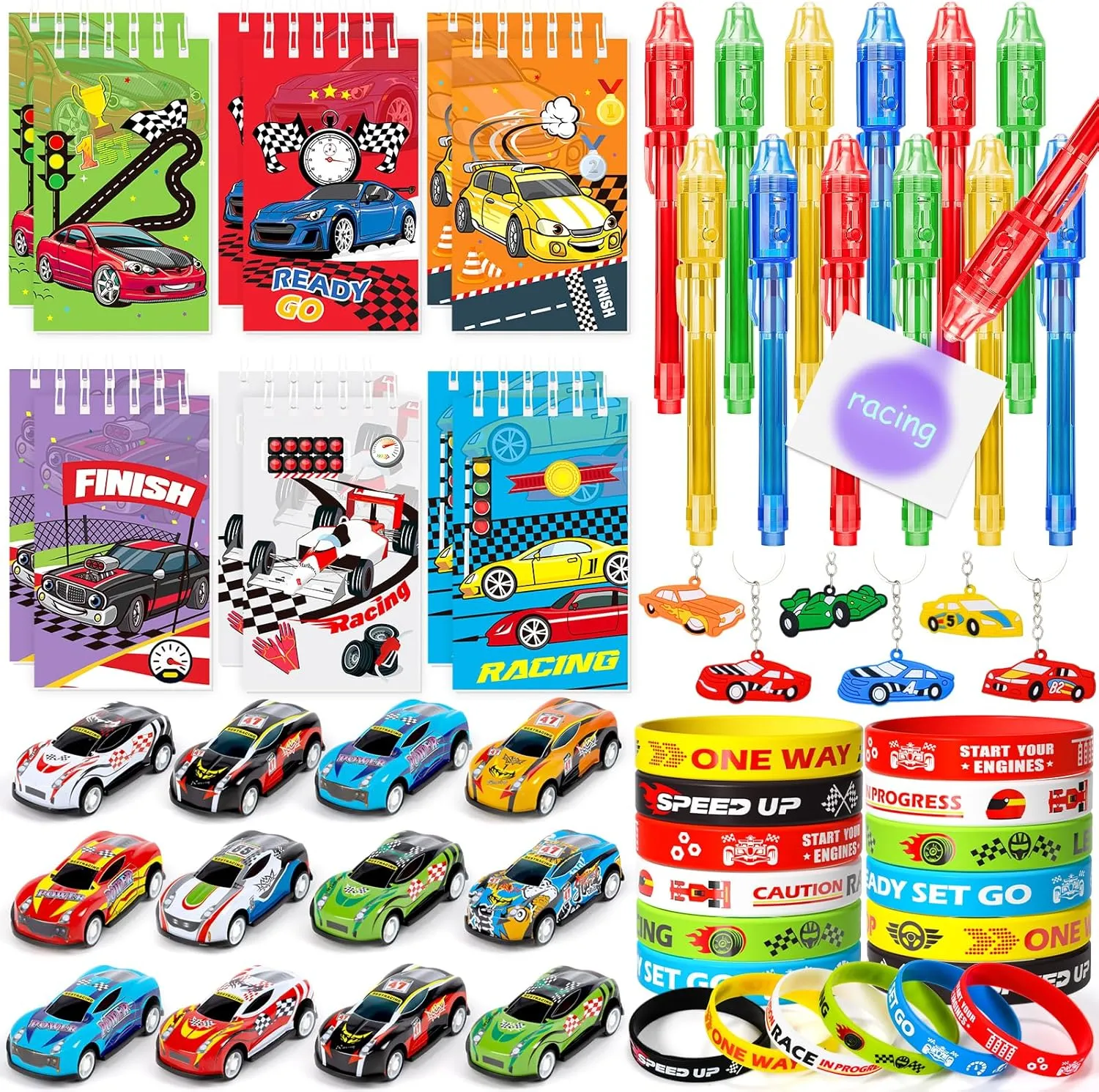 Race Car Party Favors Birthday Supplies Invisible Ink Pen Spiral Notepad Mini Race Car Silicone Bracelet Keychain Goodie Bag Stuffer Kids Boys Two Fast Racing Racecar Party Supplies Decorations