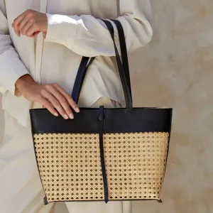 Rattan Cane Weave Tote with Black Leather Trim