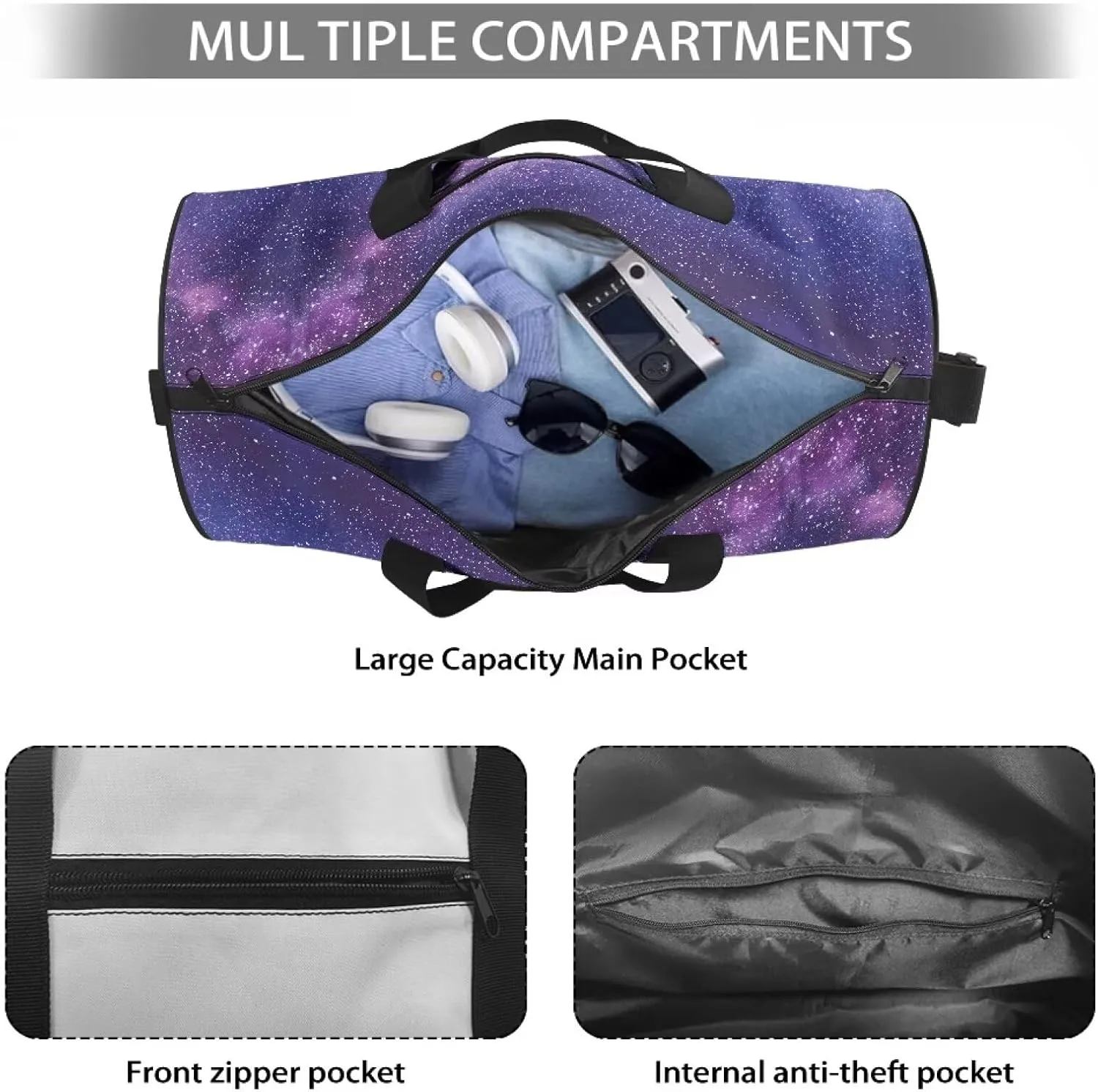 Rchsmod Purple Galaxy Print Duffel Bag for Women Gym Duffel Bag with Adjustable Strap Carry On Travel Duffel with Front Pocket Zipper Sports Tote Bag Large Yoga Bag for Weekender Gym Beach