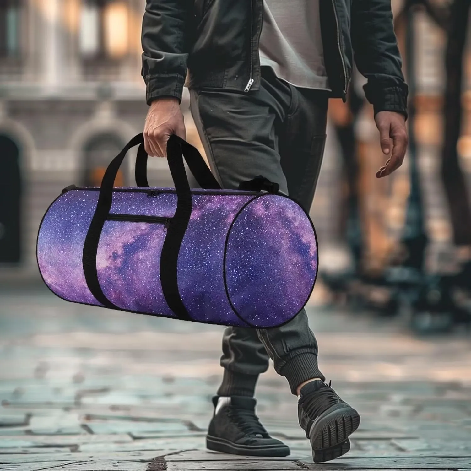 Rchsmod Purple Galaxy Print Duffel Bag for Women Gym Duffel Bag with Adjustable Strap Carry On Travel Duffel with Front Pocket Zipper Sports Tote Bag Large Yoga Bag for Weekender Gym Beach