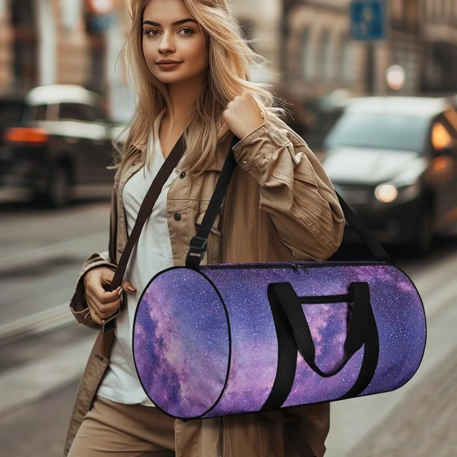 Rchsmod Purple Galaxy Print Duffel Bag for Women Gym Duffel Bag with Adjustable Strap Carry On Travel Duffel with Front Pocket Zipper Sports Tote Bag Large Yoga Bag for Weekender Gym Beach