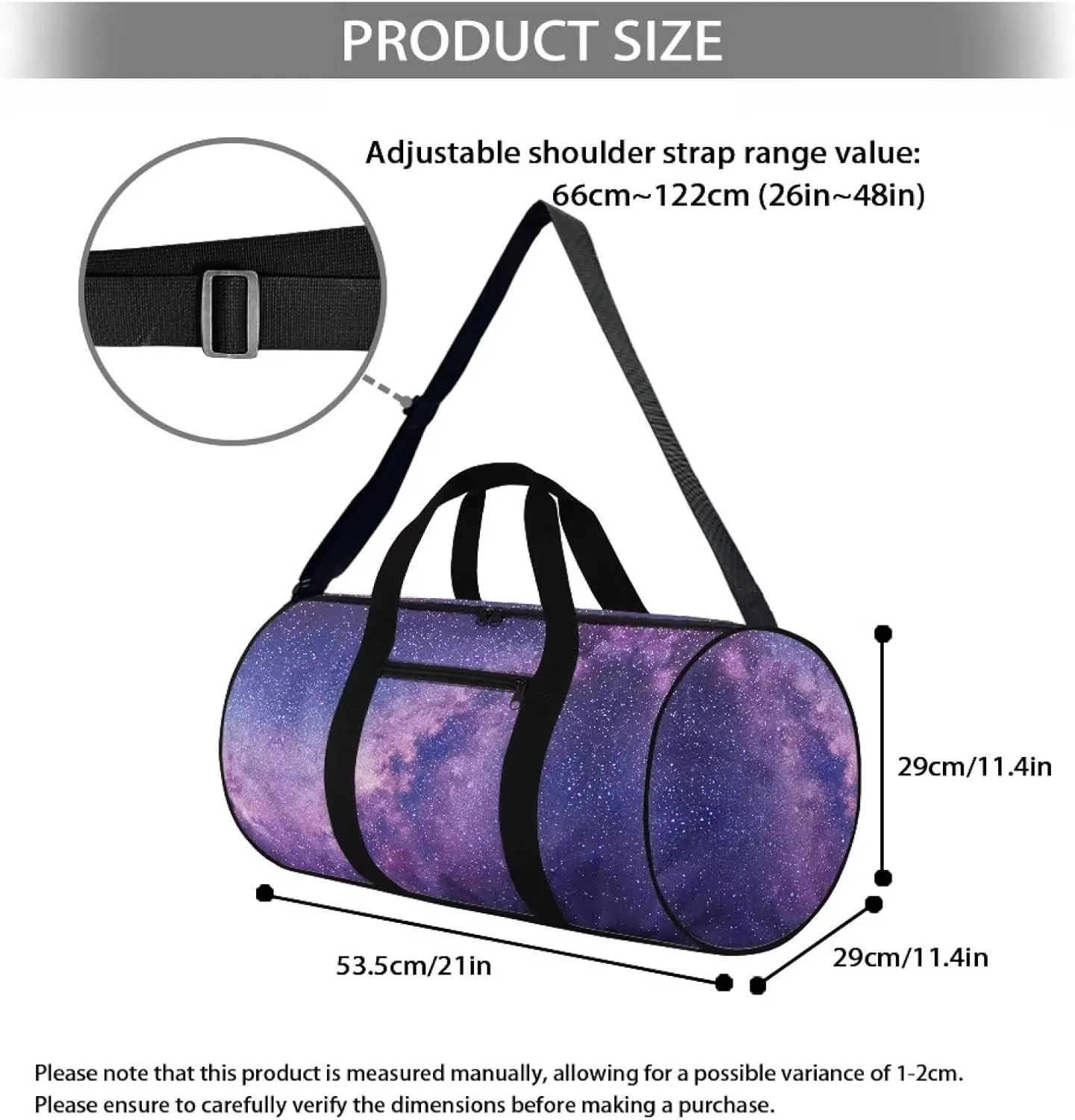 Rchsmod Purple Galaxy Print Duffel Bag for Women Gym Duffel Bag with Adjustable Strap Carry On Travel Duffel with Front Pocket Zipper Sports Tote Bag Large Yoga Bag for Weekender Gym Beach