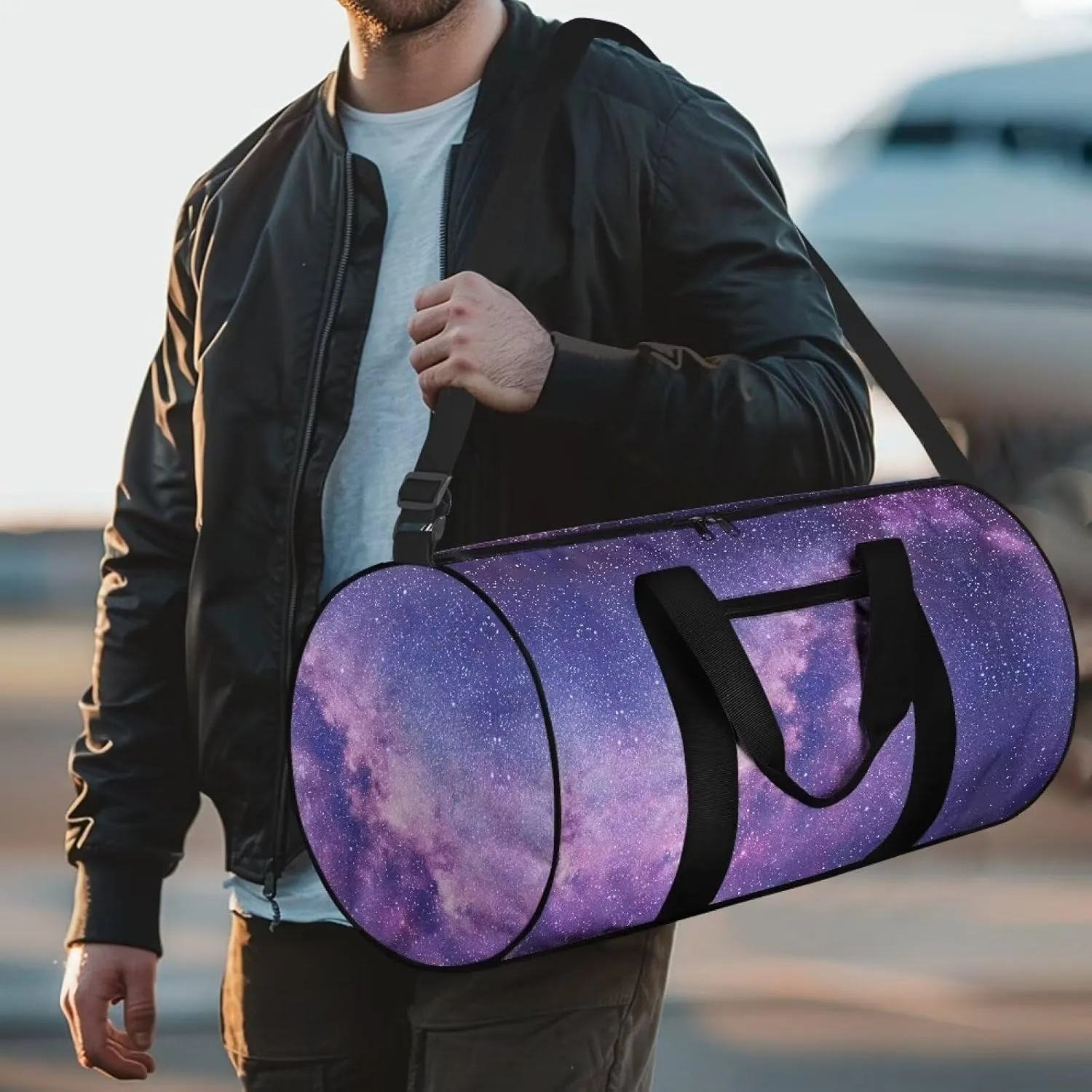 Rchsmod Purple Galaxy Print Duffel Bag for Women Gym Duffel Bag with Adjustable Strap Carry On Travel Duffel with Front Pocket Zipper Sports Tote Bag Large Yoga Bag for Weekender Gym Beach