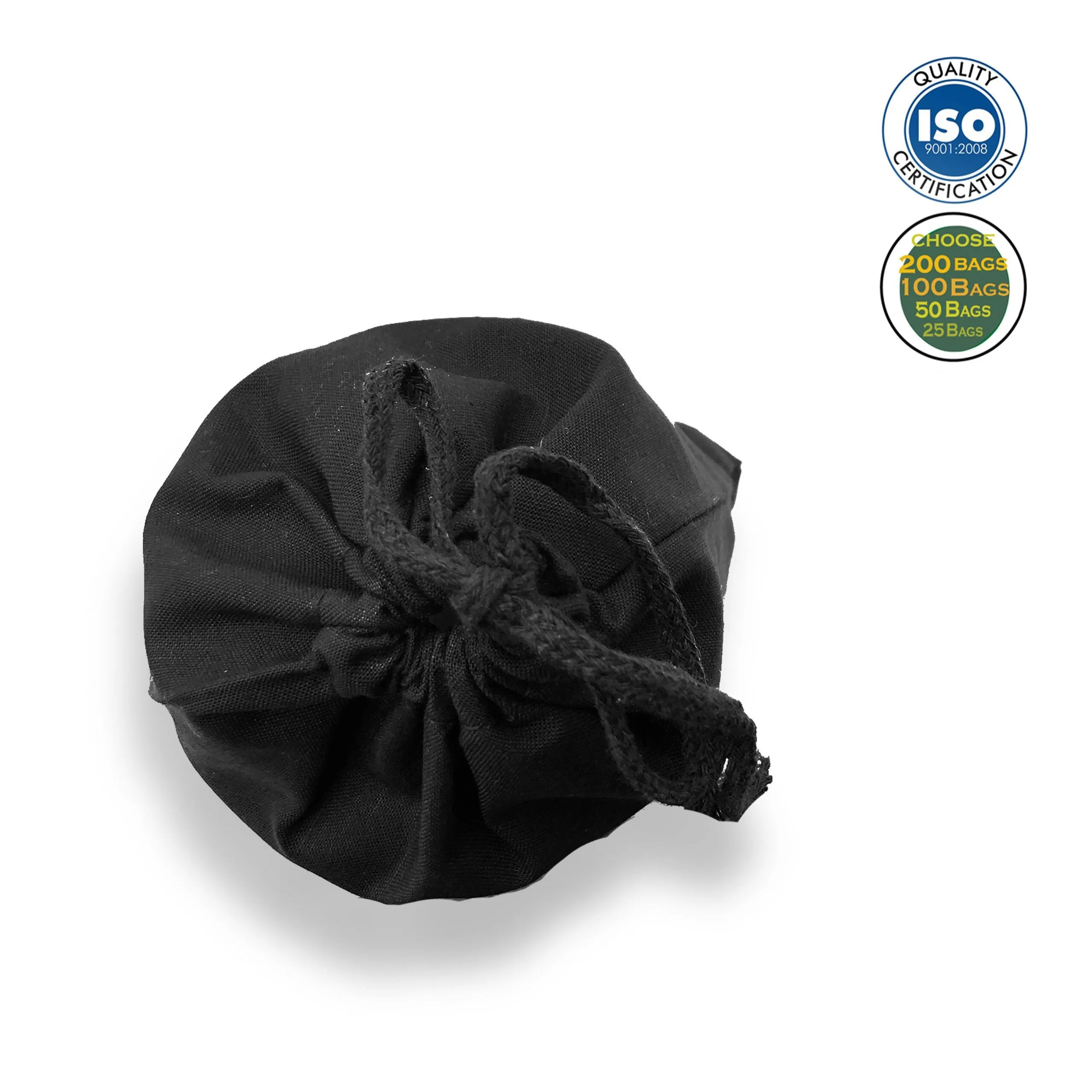 Recycled Cotton Single Drawstring Black Bags Large 10x12 inches