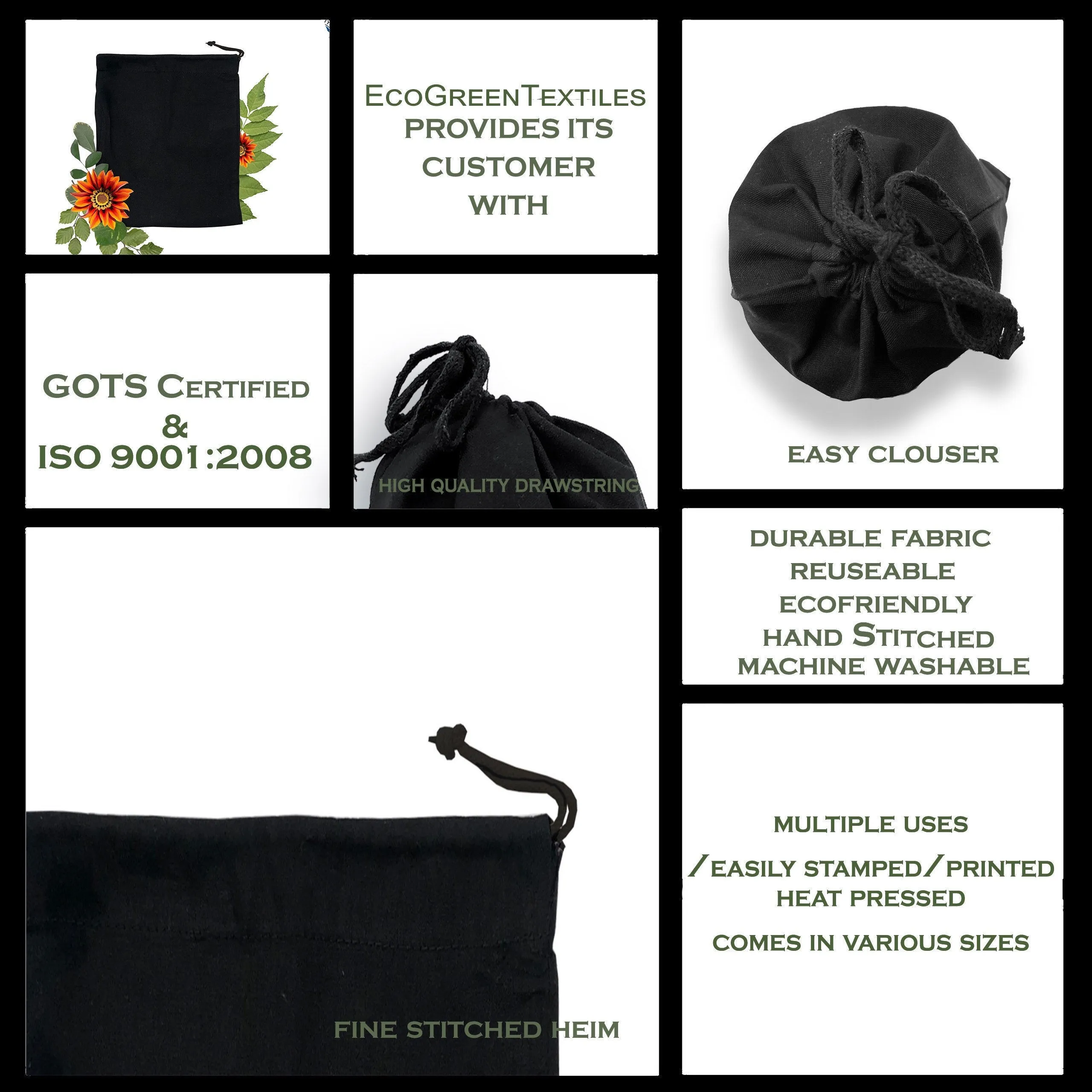 Recycled Cotton Single Drawstring Black Bags Large 10x12 inches