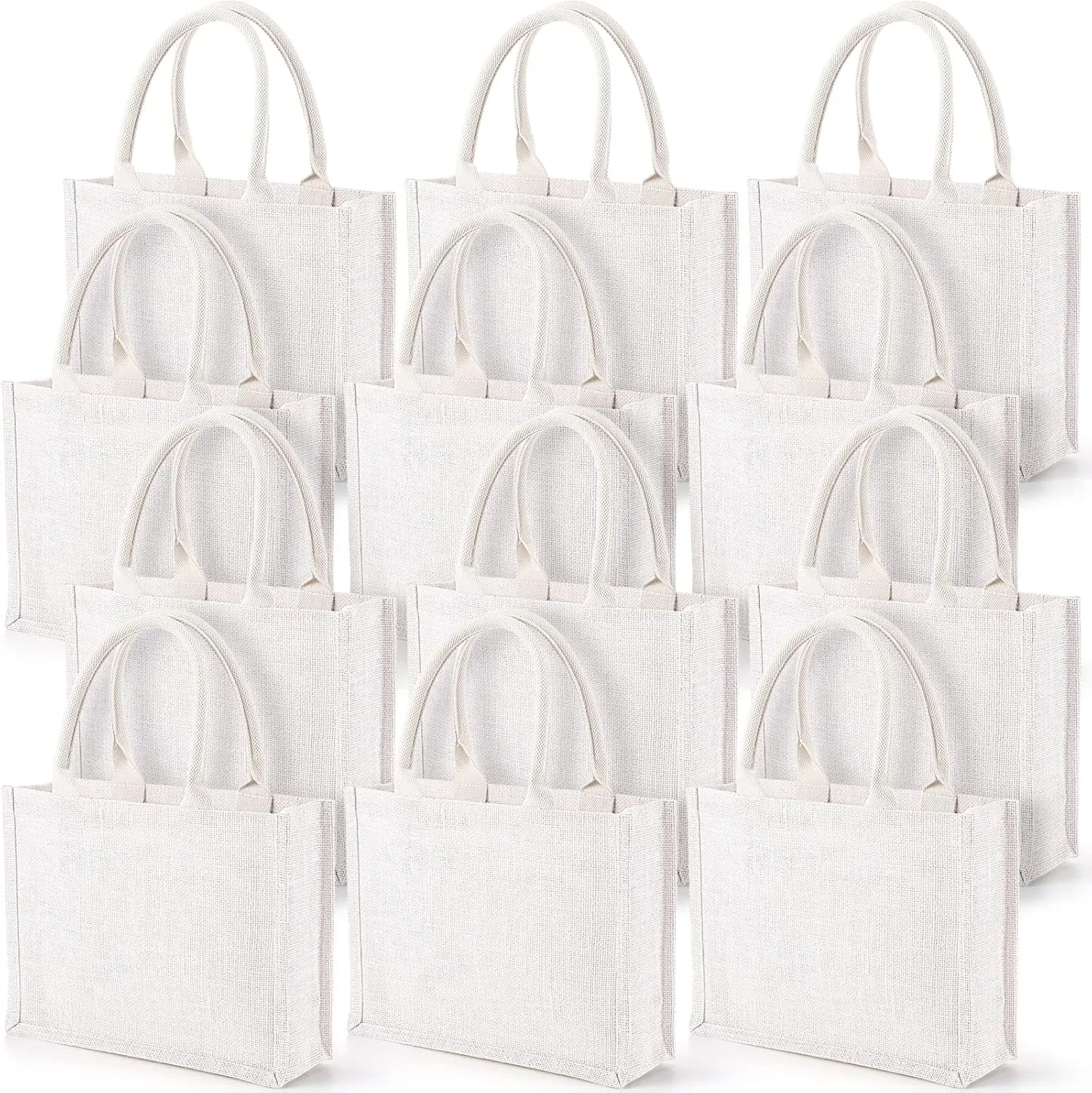 Reginary 12 Pieces Burlap Jute Tote Bags with Handles Reusable Blank Grocery Bags White Bridesmaid Gift Bags for Shopping Wedding Bachelorette Party Embroidery DIY Art Crafts, 12.2 x 3.9 x 9.8 Inch