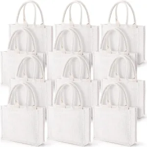 Reginary 12 Pieces Burlap Jute Tote Bags with Handles Reusable Blank Grocery Bags White Bridesmaid Gift Bags for Shopping Wedding Bachelorette Party Embroidery DIY Art Crafts, 12.2 x 3.9 x 9.8 Inch