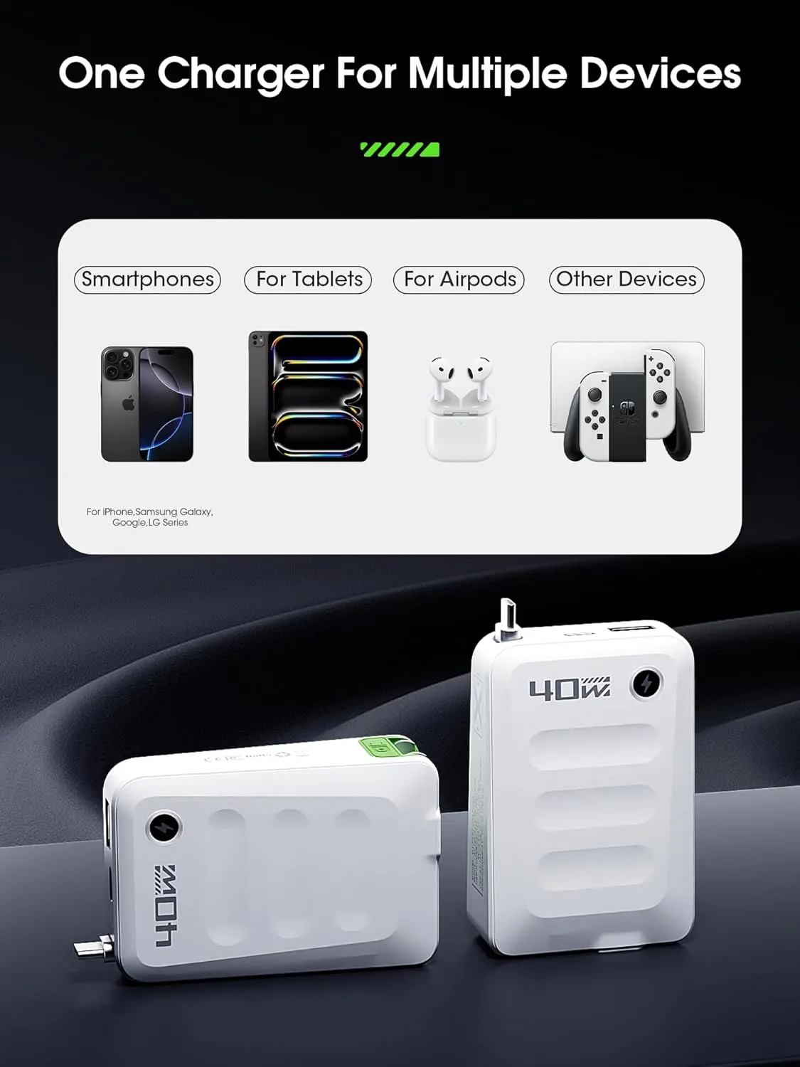 Retractable USB C Charger Block,40W PD Fast Charging Blocks with Retractable Type C Cable and Dual Port Travel Charger,USB Chargers with Foldable Plug for iPhone 16/15,Galaxy,Pixel-White