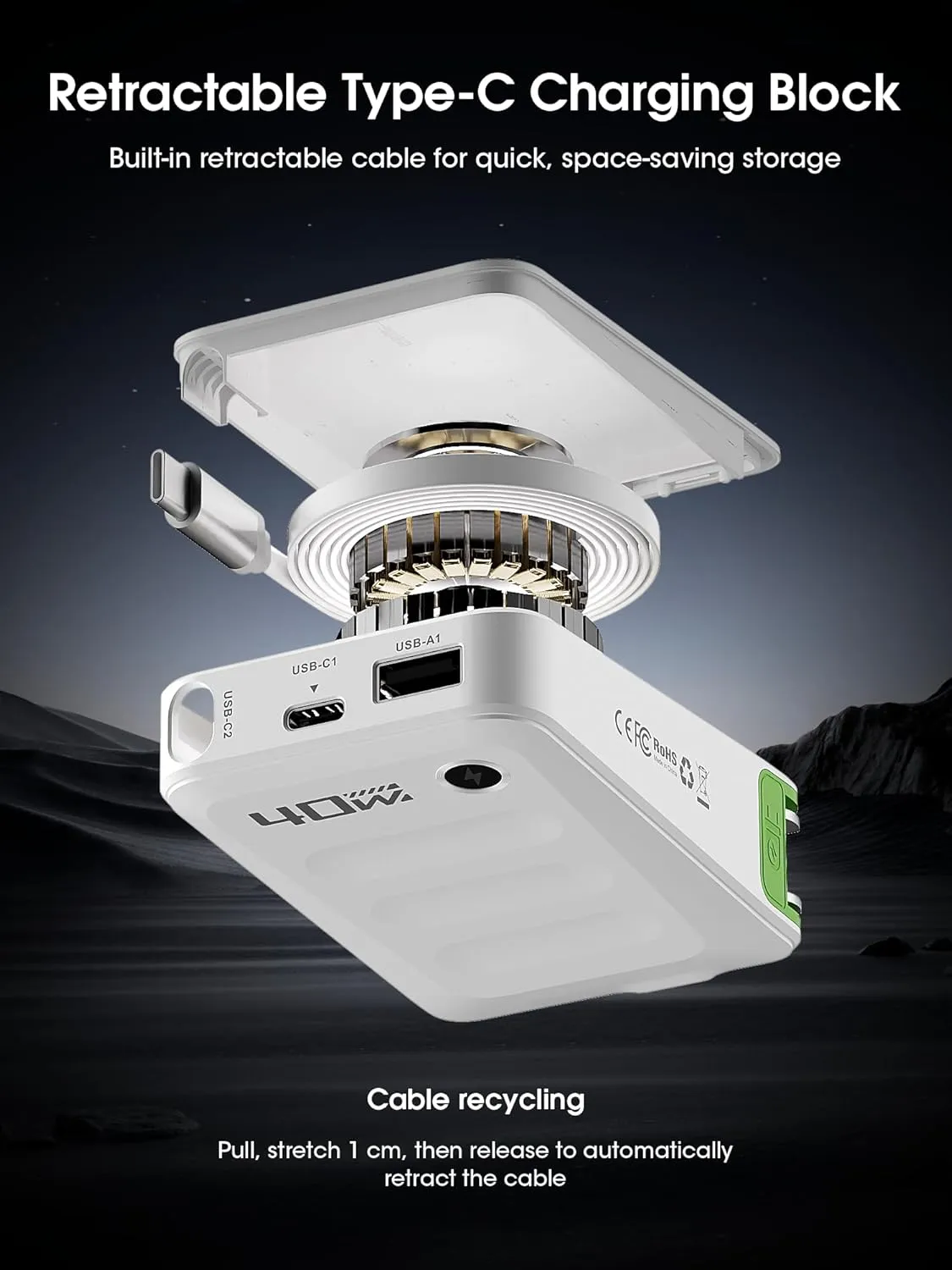 Retractable USB C Charger Block,40W PD Fast Charging Blocks with Retractable Type C Cable and Dual Port Travel Charger,USB Chargers with Foldable Plug for iPhone 16/15,Galaxy,Pixel-White