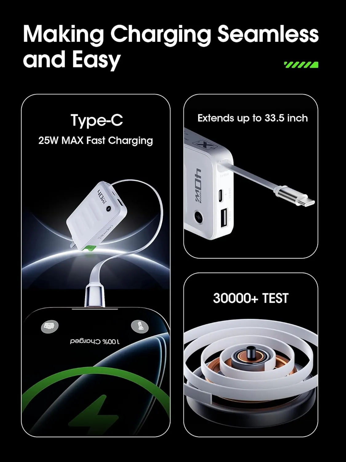 Retractable USB C Charger Block,40W PD Fast Charging Blocks with Retractable Type C Cable and Dual Port Travel Charger,USB Chargers with Foldable Plug for iPhone 16/15,Galaxy,Pixel-White