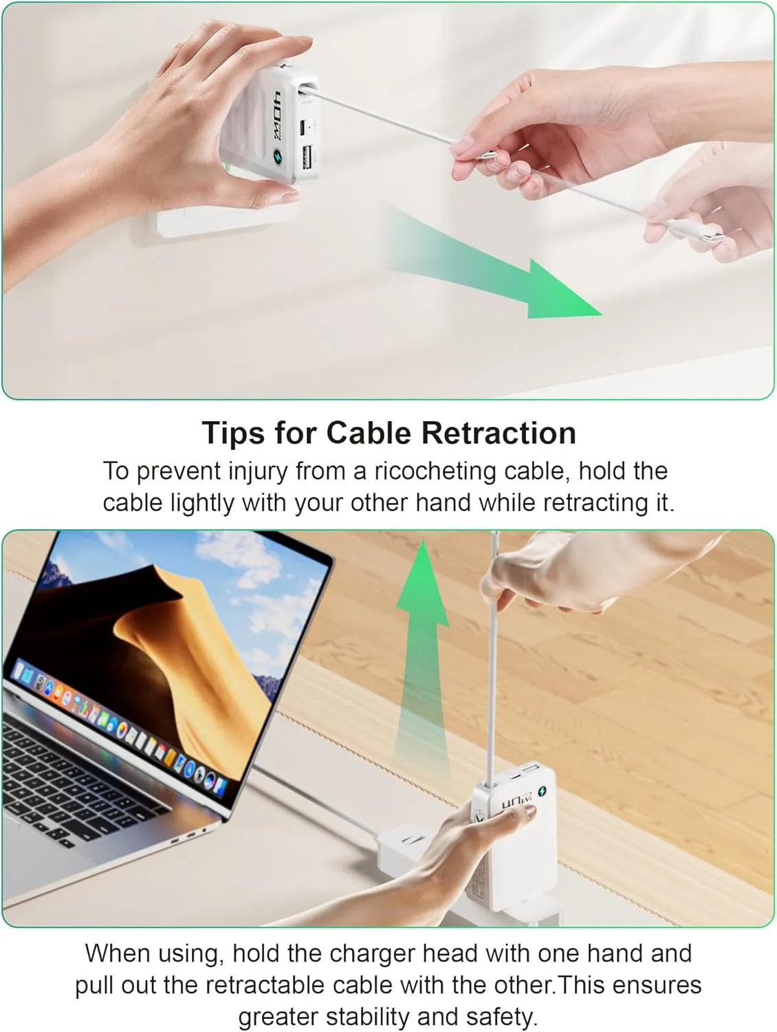 Retractable USB C Charger Block,40W PD Fast Charging Blocks with Retractable Type C Cable and Dual Port Travel Charger,USB Chargers with Foldable Plug for iPhone 16/15,Galaxy,Pixel-White