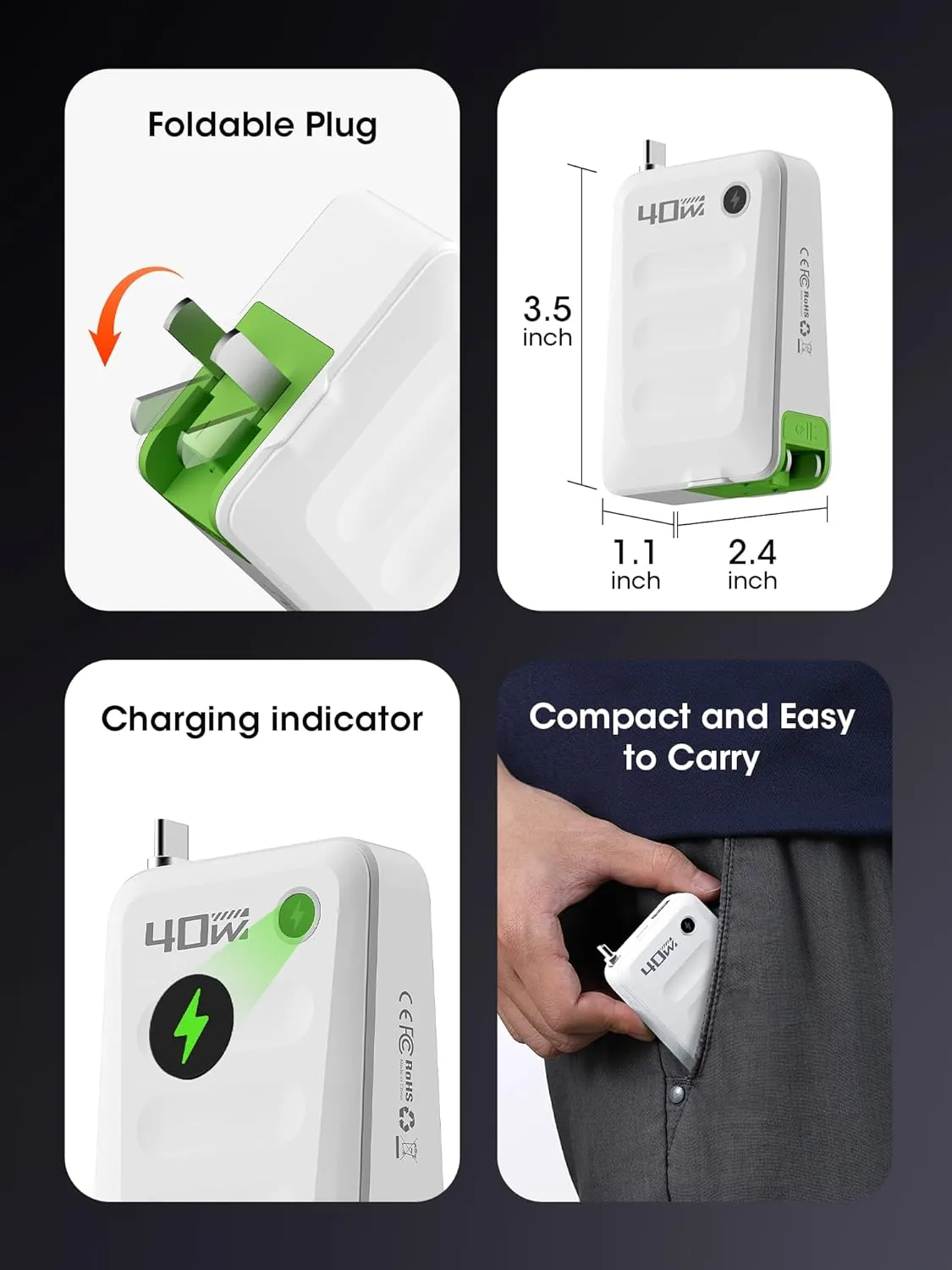 Retractable USB C Charger Block,40W PD Fast Charging Blocks with Retractable Type C Cable and Dual Port Travel Charger,USB Chargers with Foldable Plug for iPhone 16/15,Galaxy,Pixel-White