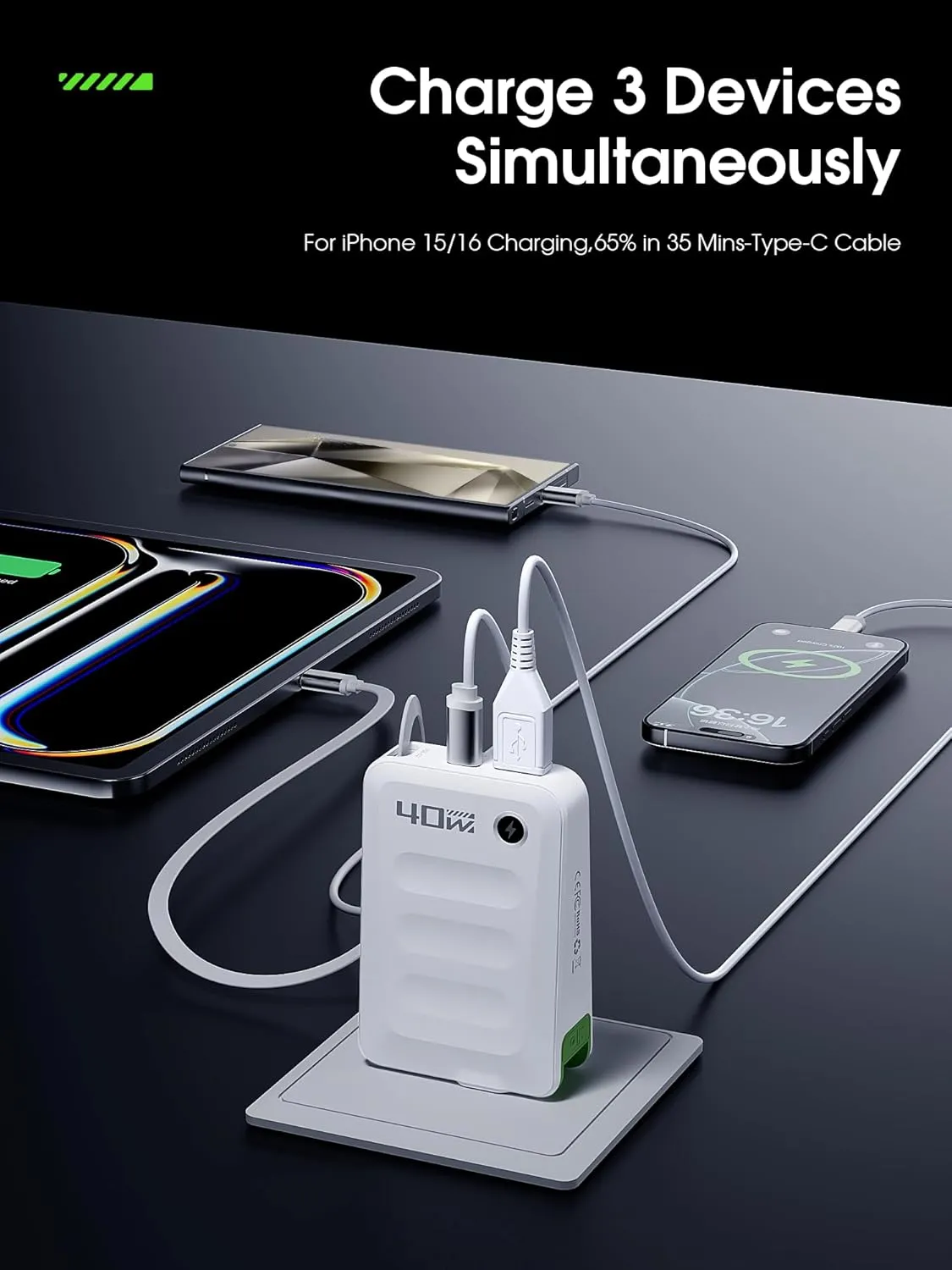Retractable USB C Charger Block,40W PD Fast Charging Blocks with Retractable Type C Cable and Dual Port Travel Charger,USB Chargers with Foldable Plug for iPhone 16/15,Galaxy,Pixel-White