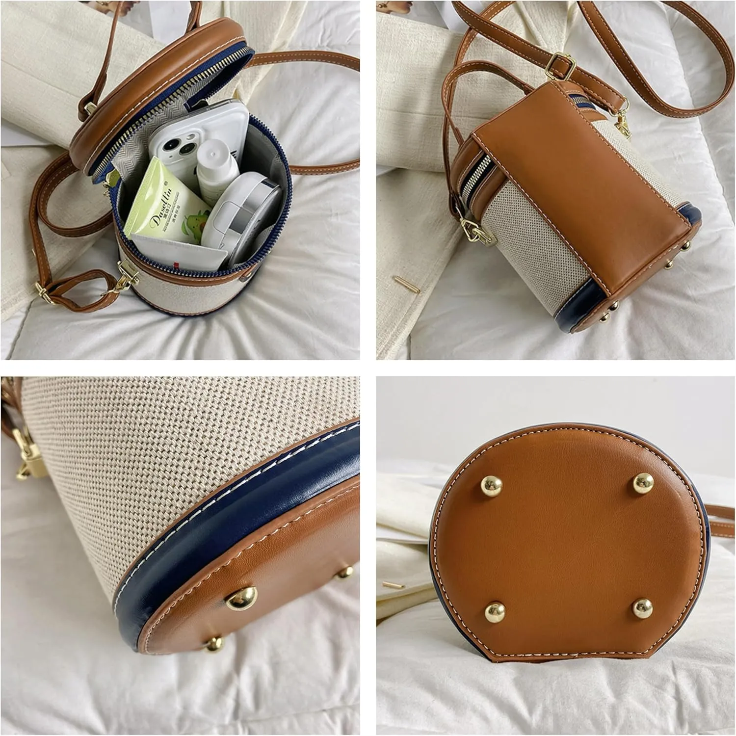 Retro Bucket Bag Color Contrast Cylinder Purse Senior Sense Style Single Shoulder Crossbody Handbag with Zipper