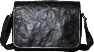Retro Mens Shoulder Bags Genuine Leather Crossbody Bags Travel Bags Messenger Bags Casual Daypacks 11.4Inch(Black)