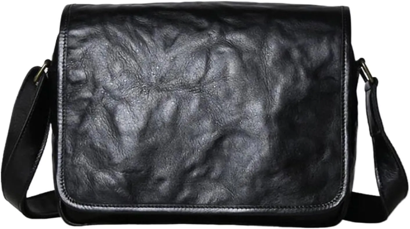 Retro Mens Shoulder Bags Genuine Leather Crossbody Bags Travel Bags Messenger Bags Casual Daypacks 11.4Inch(Black)
