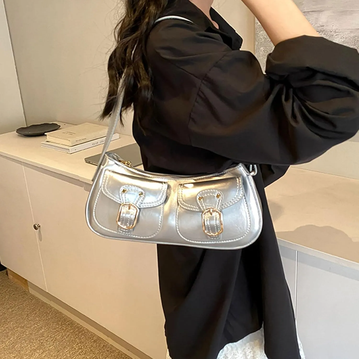 Retro Shoulder Bag Fashionable Crossbody Bags PU Leather Armpit Purse Casual Underarm Bags for Women and Girls