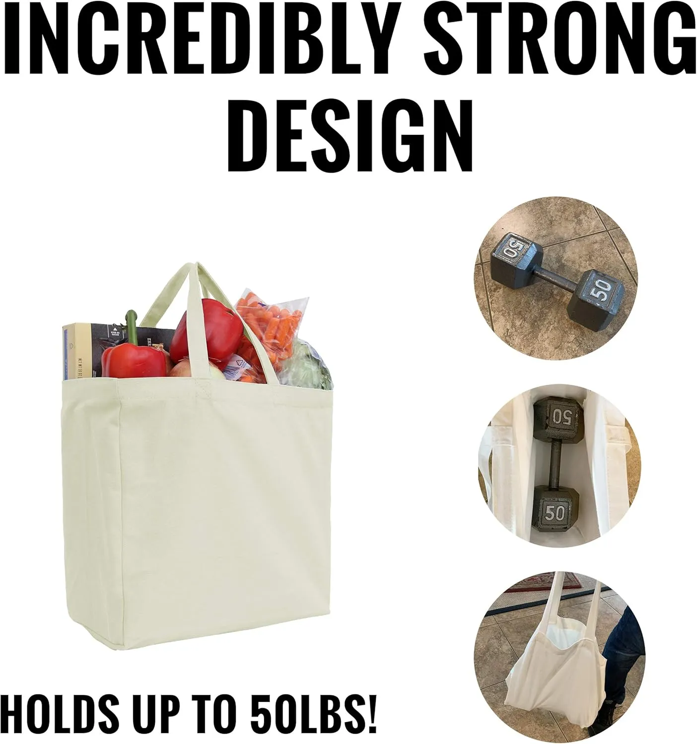 Reusable Heavy Duty 100% Cotton Canvas Grocery Bags by Threadart | Pack of 3 | With Strong Handles Holds up to 50lbs | Eco Friendly | Large Size 14x14x7.5" - Black