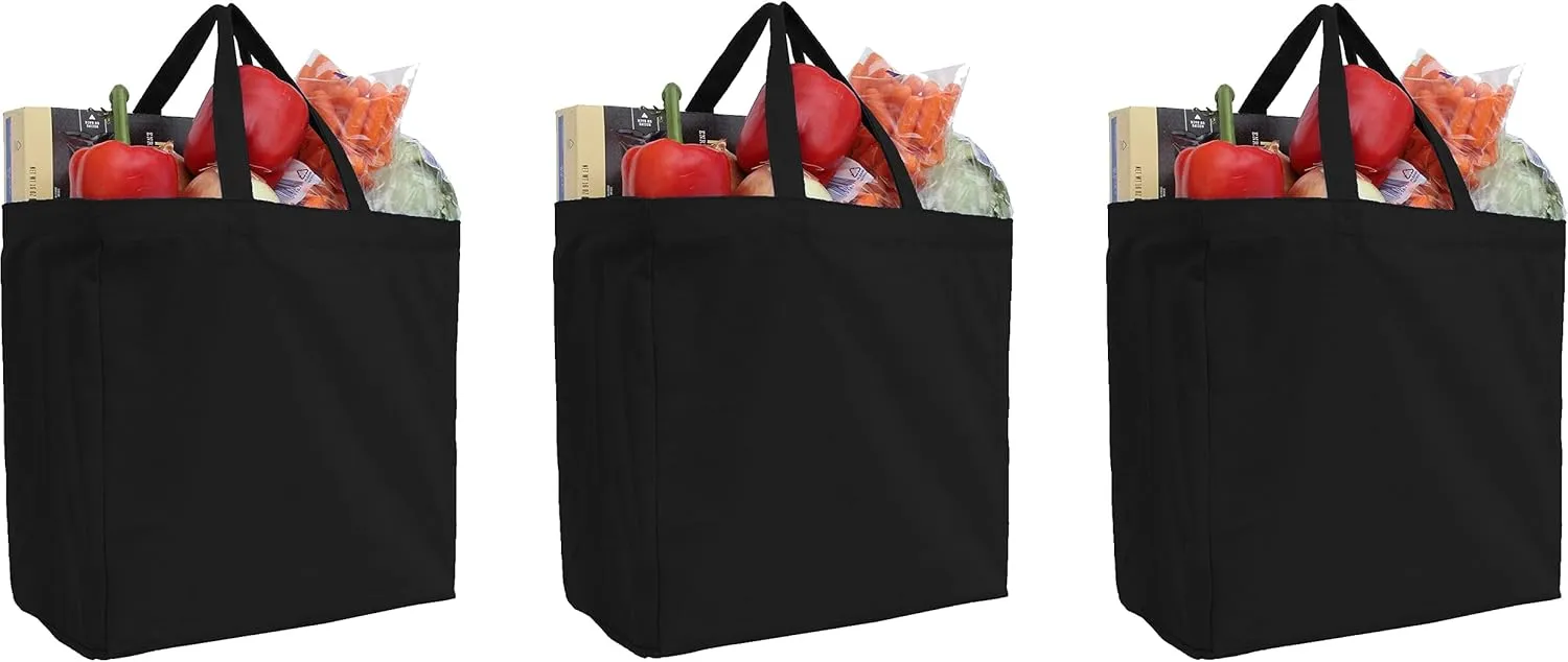 Reusable Heavy Duty 100% Cotton Canvas Grocery Bags by Threadart | Pack of 3 | With Strong Handles Holds up to 50lbs | Eco Friendly | Large Size 14x14x7.5" - Black