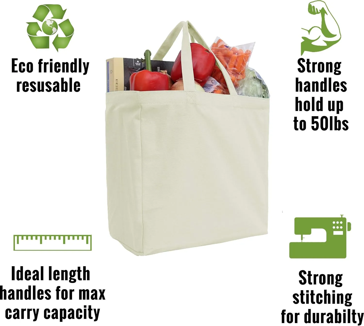 Reusable Heavy Duty 100% Cotton Canvas Grocery Bags by Threadart | Pack of 3 | With Strong Handles Holds up to 50lbs | Eco Friendly | Large Size 14x14x7.5" - Black