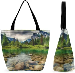 Reusable Shopping Bags for Women Large Grocery Bags Travel Tote Bags Clear Water Lake Shoulder Bag for Work