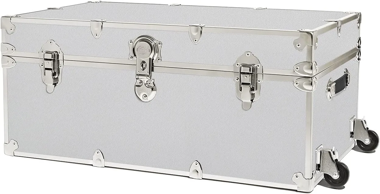 Rhino Trunk & Case Large Armor Trunk with Removable Wheels & Hardwood Tray, Summer Camp Footlocker, College Trunk, Dorm Storage Chest, Strong Trunks Seat Over 1000 Pounds - 32"x18"x14" (Silver)
