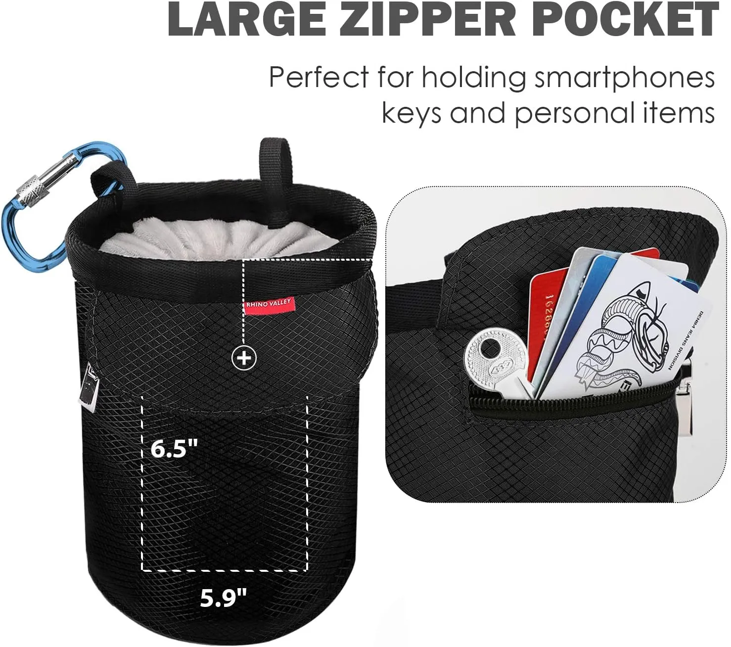 Rhino Valley Climbing Chalk Bag, No Leak Drawstring Chalk Bag with Adjustable Belt, Carabiner Clip and Zippered Pockets Chalk Bag for Climbing, Cross Fit, Weight Lifting & More