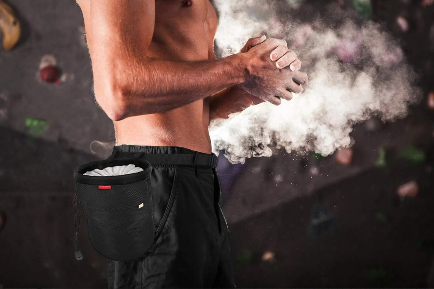 Rhino Valley Climbing Chalk Bag, No Leak Drawstring Chalk Bag with Adjustable Belt, Carabiner Clip and Zippered Pockets Chalk Bag for Climbing, Cross Fit, Weight Lifting & More