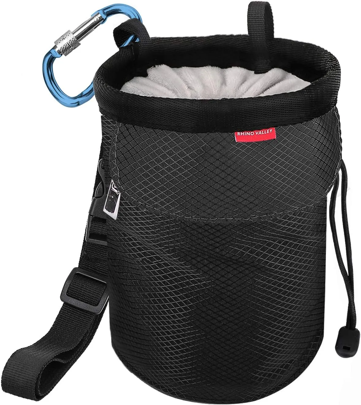 Rhino Valley Climbing Chalk Bag, No Leak Drawstring Chalk Bag with Adjustable Belt, Carabiner Clip and Zippered Pockets Chalk Bag for Climbing, Cross Fit, Weight Lifting & More
