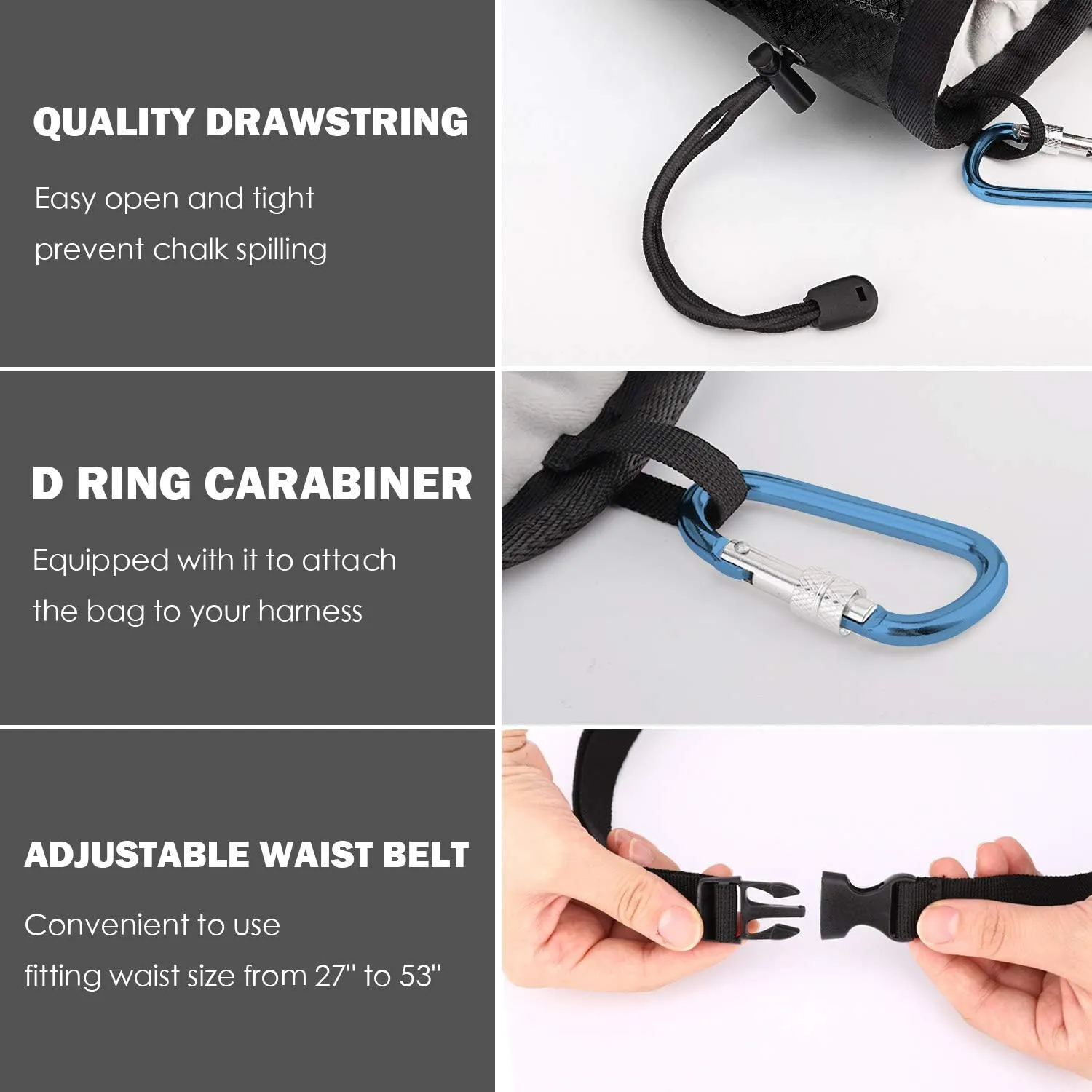 Rhino Valley Climbing Chalk Bag, No Leak Drawstring Chalk Bag with Adjustable Belt, Carabiner Clip and Zippered Pockets Chalk Bag for Climbing, Cross Fit, Weight Lifting & More