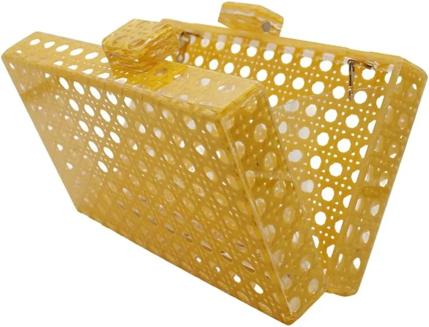RomanticDesign Women Acrylic Handbag Rattan Woven Pattern Square Box Crossbody Handbag Shoulder Bag Chain Purse