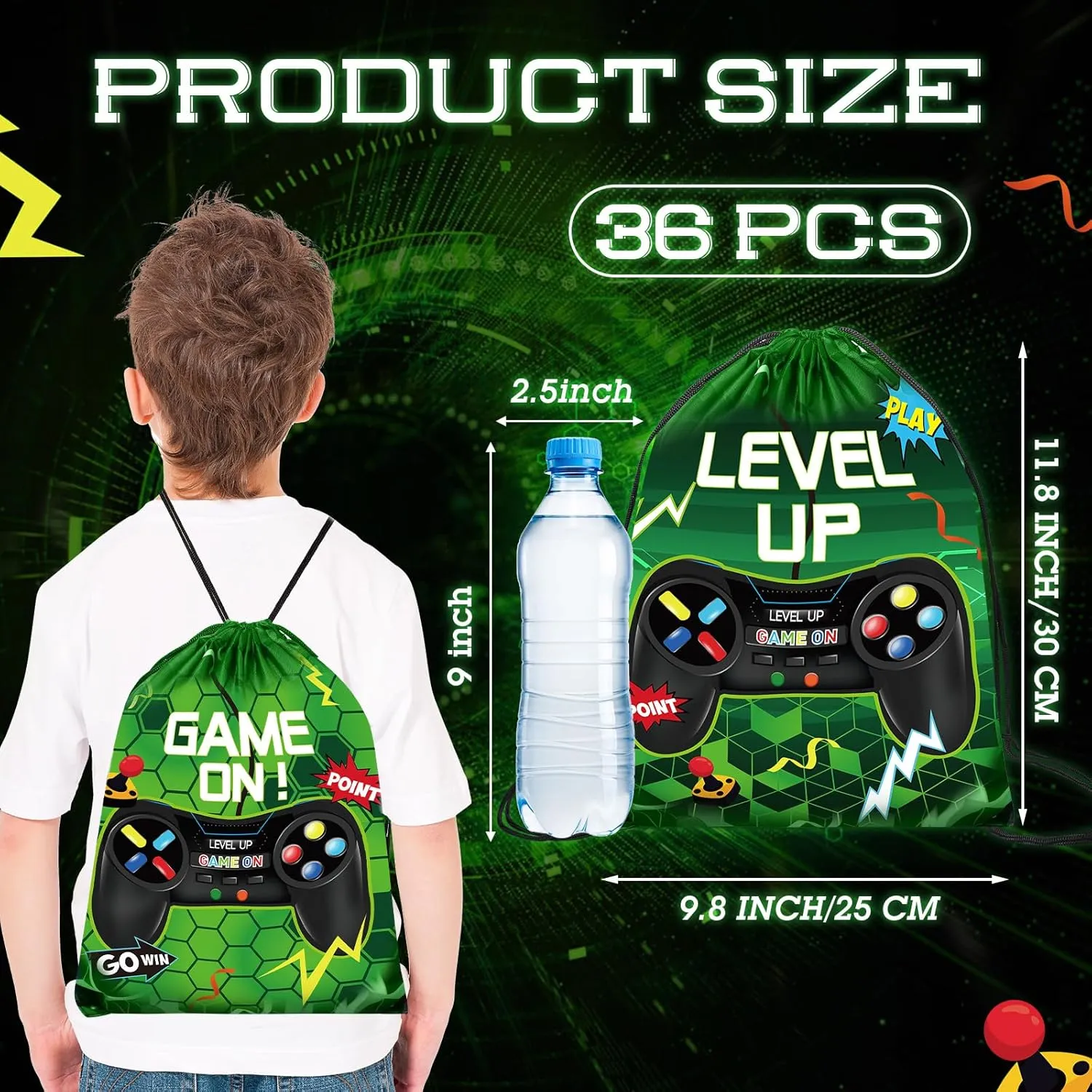 Roowest 36 Pack Video Game Party Drawstring Gifts Bag Gaming Birthday Bags Level up Backpack for Kids Baby Shower Decor(Green)