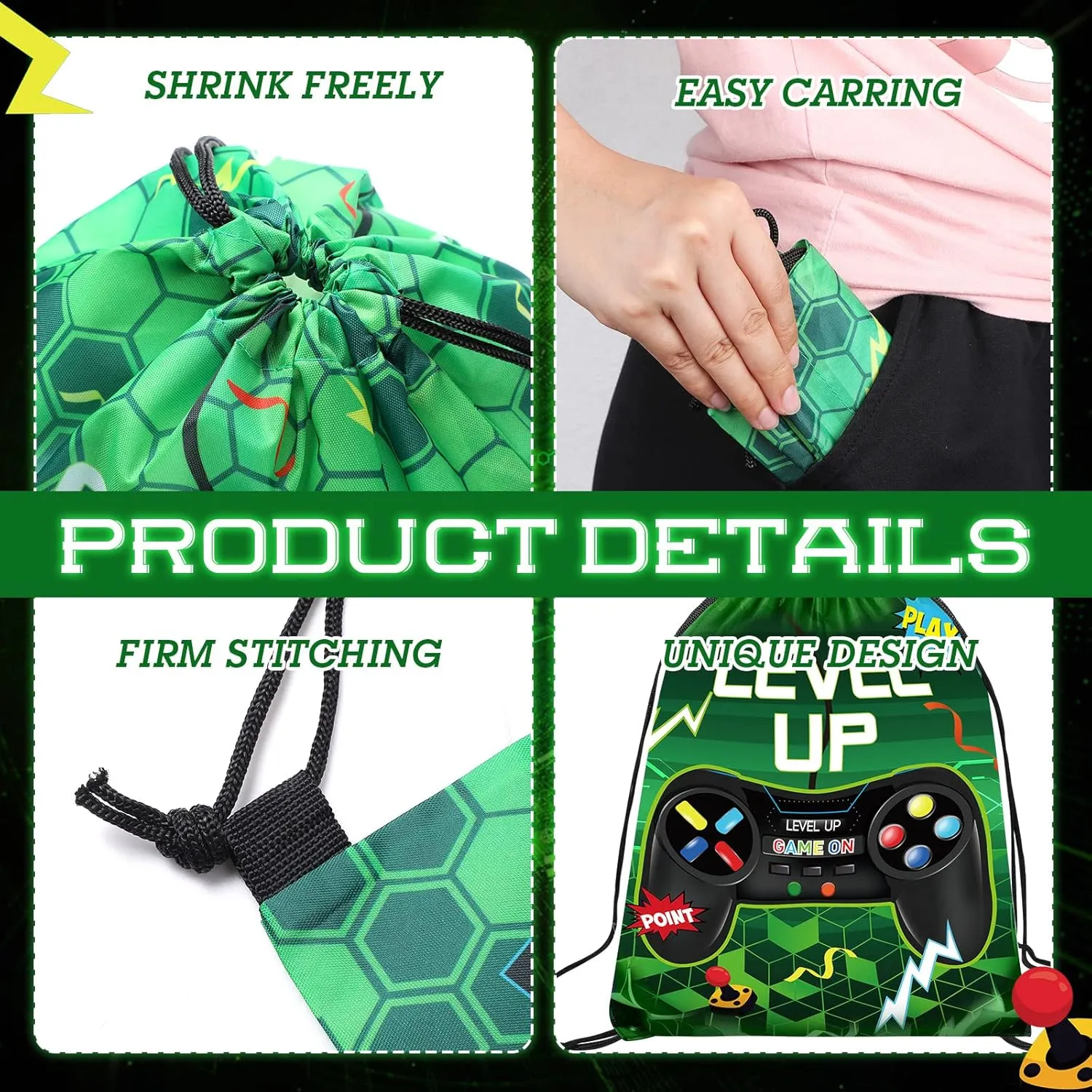 Roowest 36 Pack Video Game Party Drawstring Gifts Bag Gaming Birthday Bags Level up Backpack for Kids Baby Shower Decor(Green)