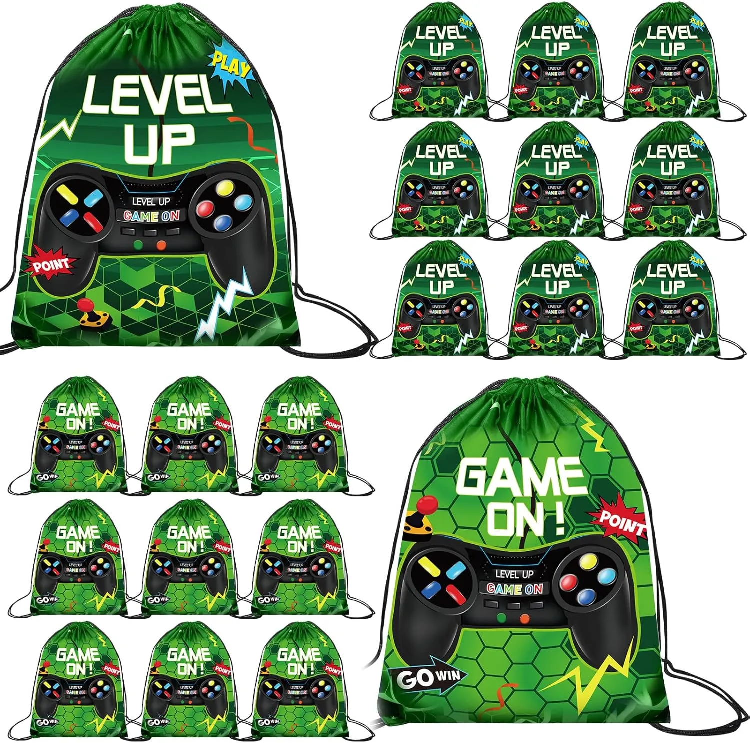 Roowest 36 Pack Video Game Party Drawstring Gifts Bag Gaming Birthday Bags Level up Backpack for Kids Baby Shower Decor(Green)