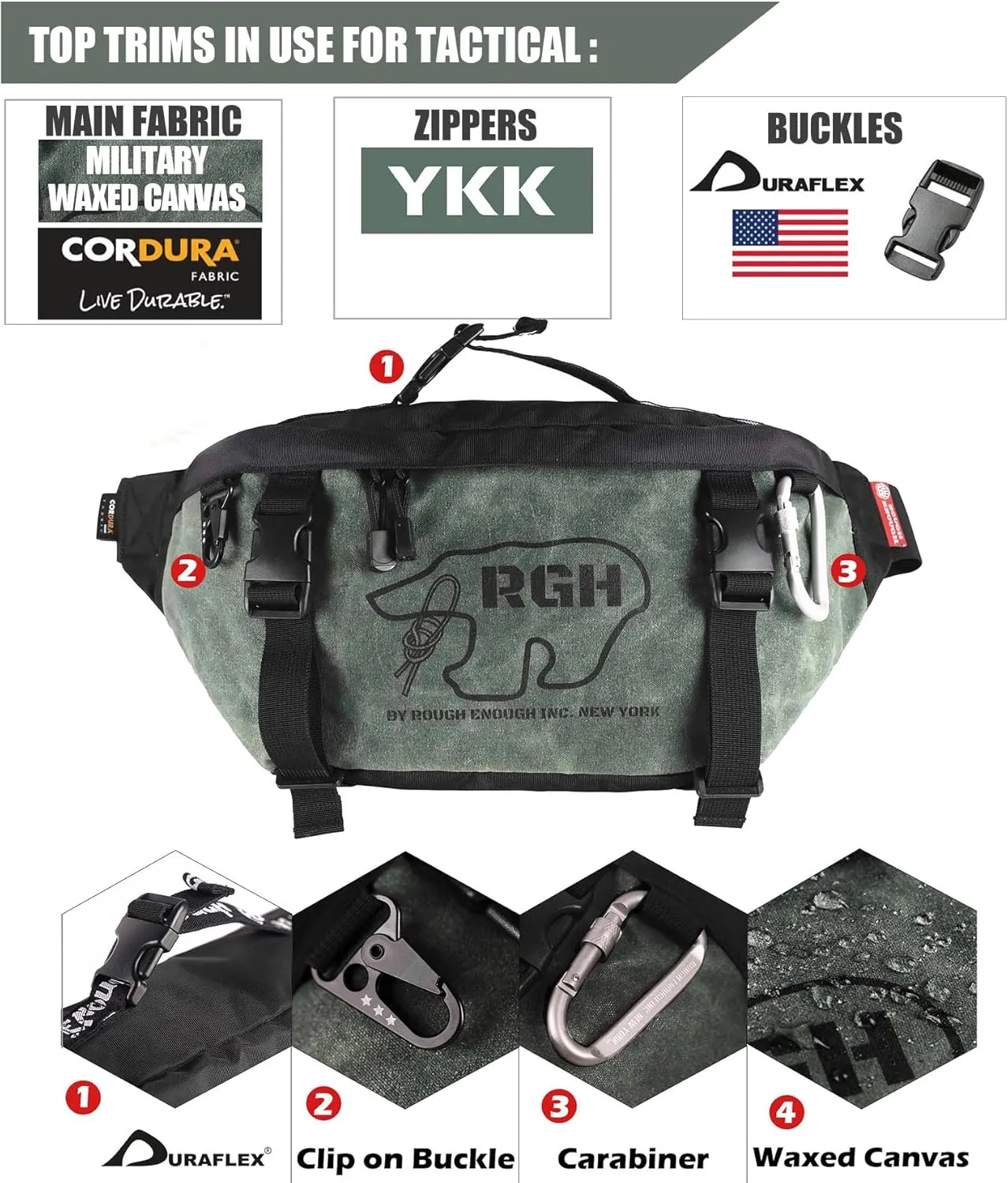 Rough Enough Tactical Fanny Pack Crossbody Large Waist Bag for Men Fishing Hiking Travel in Waxed Canvas Army Green, 4L