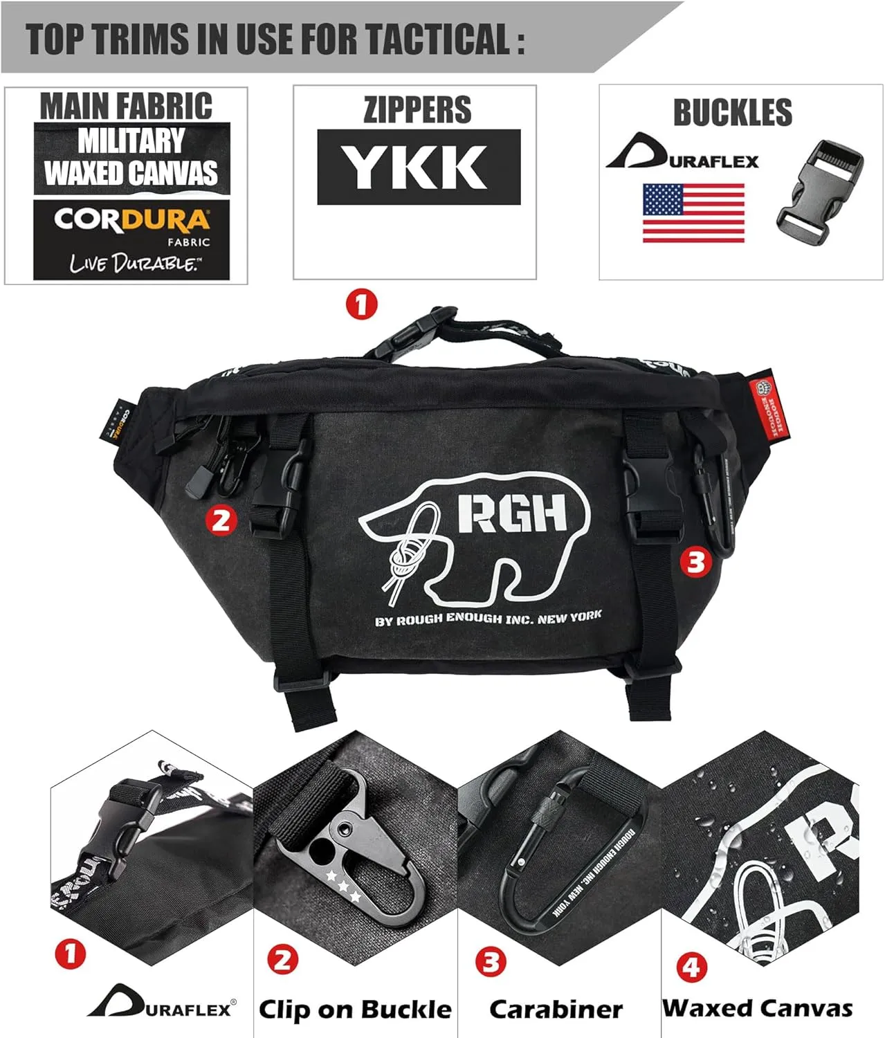 Rough Enough Tactical Fanny Pack Crossbody Large Waist Bag for Men Fishing Hiking Travel in Waxed Canvas Black, 4L