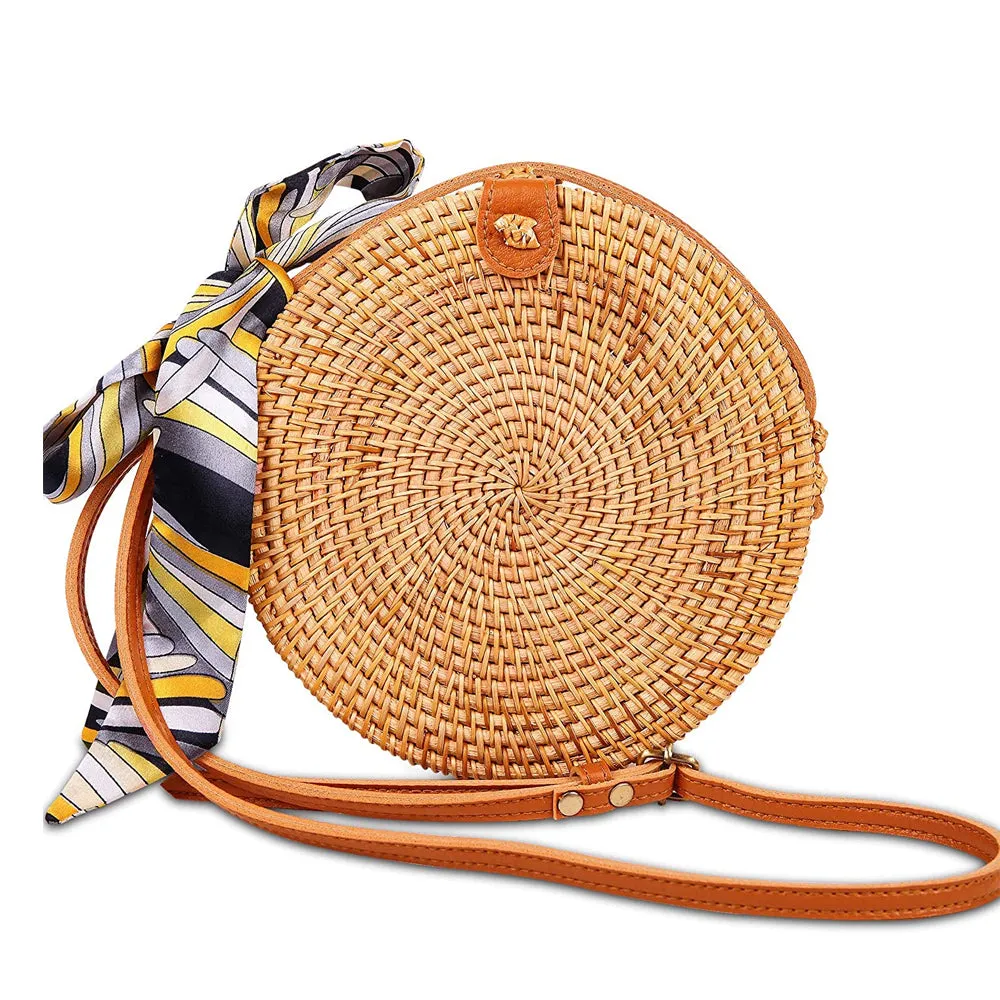 Round Hand Woven Braided Pattern Rattan Women’s Bag