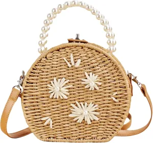 Round Rattan Bag for Women Handwoven Beach Shoulder Purse.Pearl handle tote bag