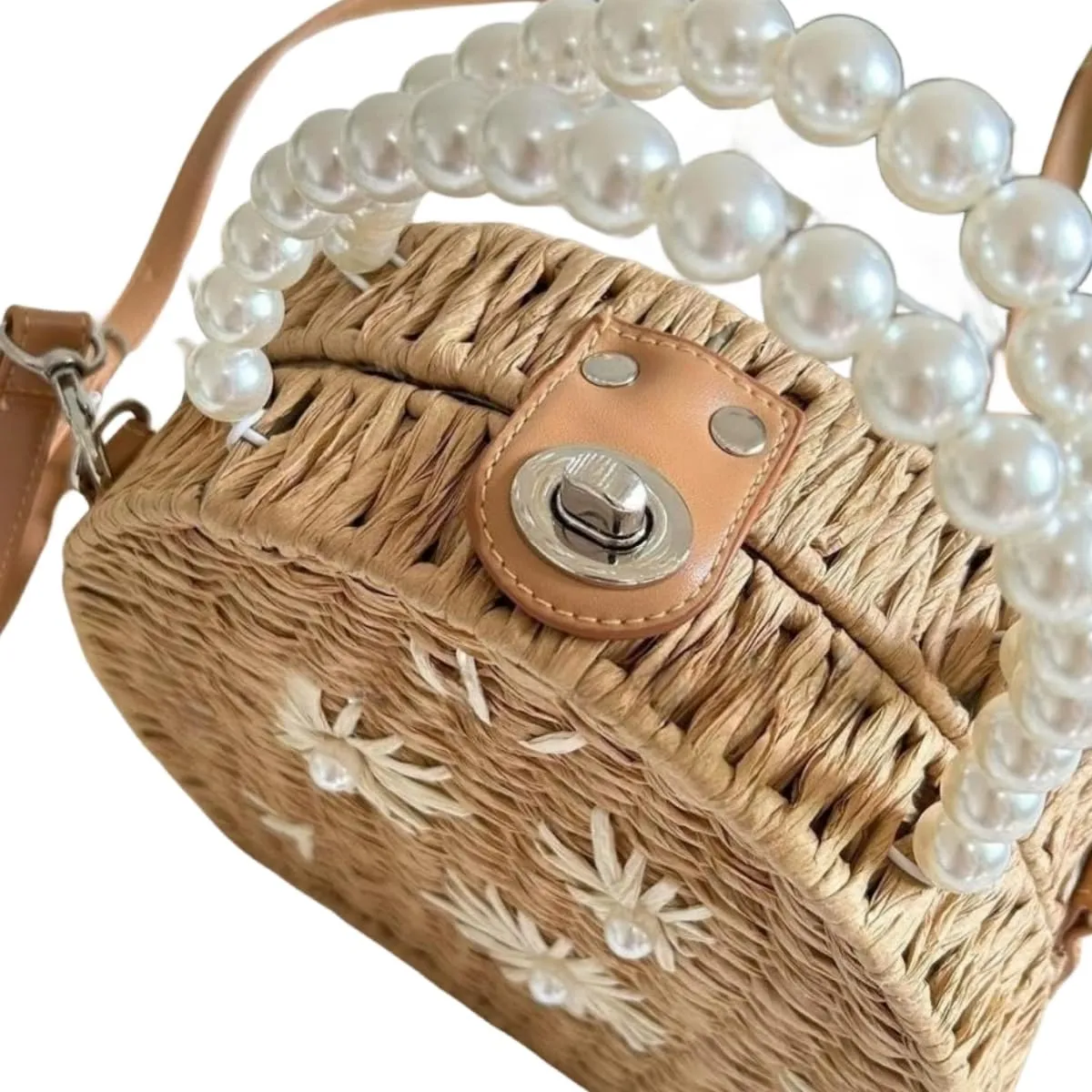 Round Rattan Bag for Women Handwoven Beach Shoulder Purse.Pearl handle tote bag