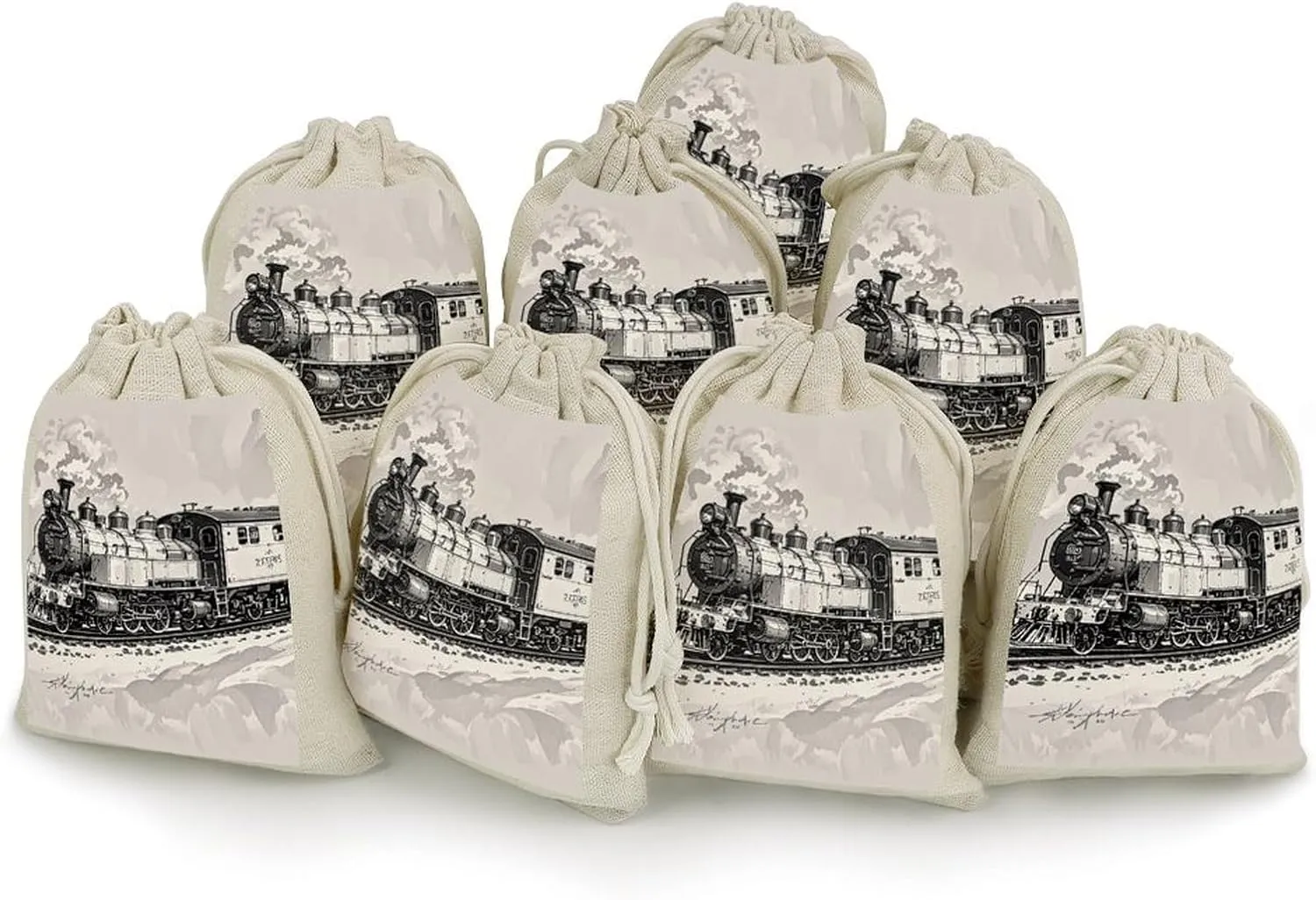 RTFGHJS 8 Pieces Drawstring Bags Country Railway Train Burlap Pouch Bag Linen Gift Pocket Jewelry Pouch for DIY Craft Party