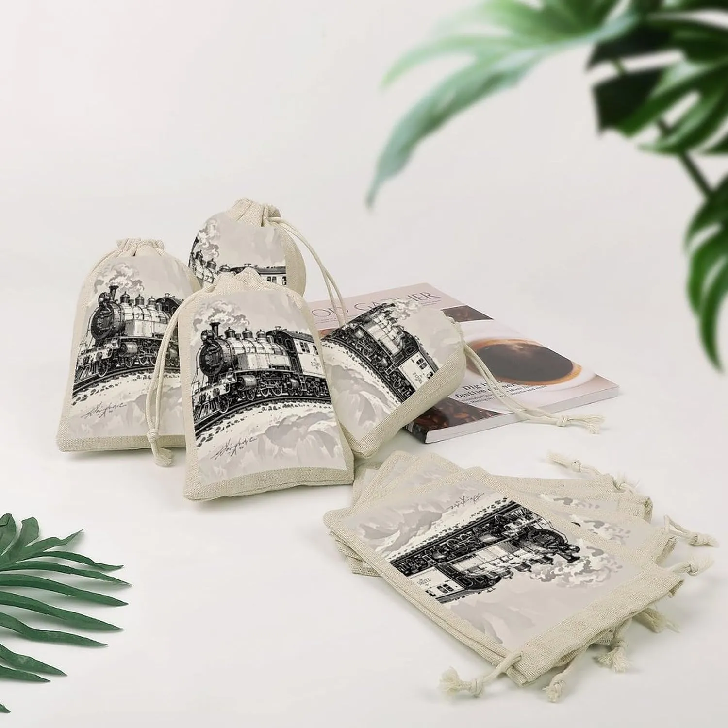 RTFGHJS 8 Pieces Drawstring Bags Country Railway Train Burlap Pouch Bag Linen Gift Pocket Jewelry Pouch for DIY Craft Party